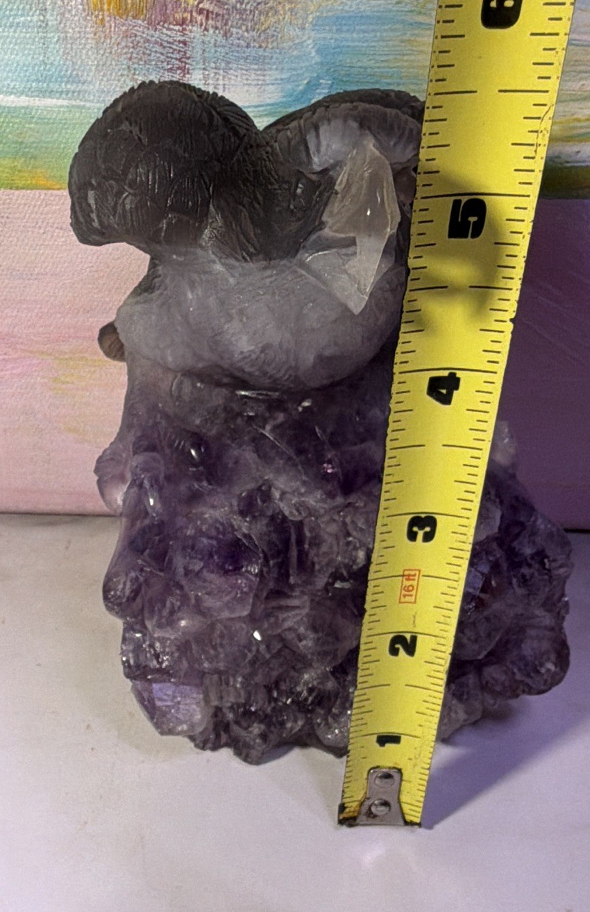 Eagle ￼Carved Stone Figurine on Purple Crystal Base, Polished 3D Effect, 5 in