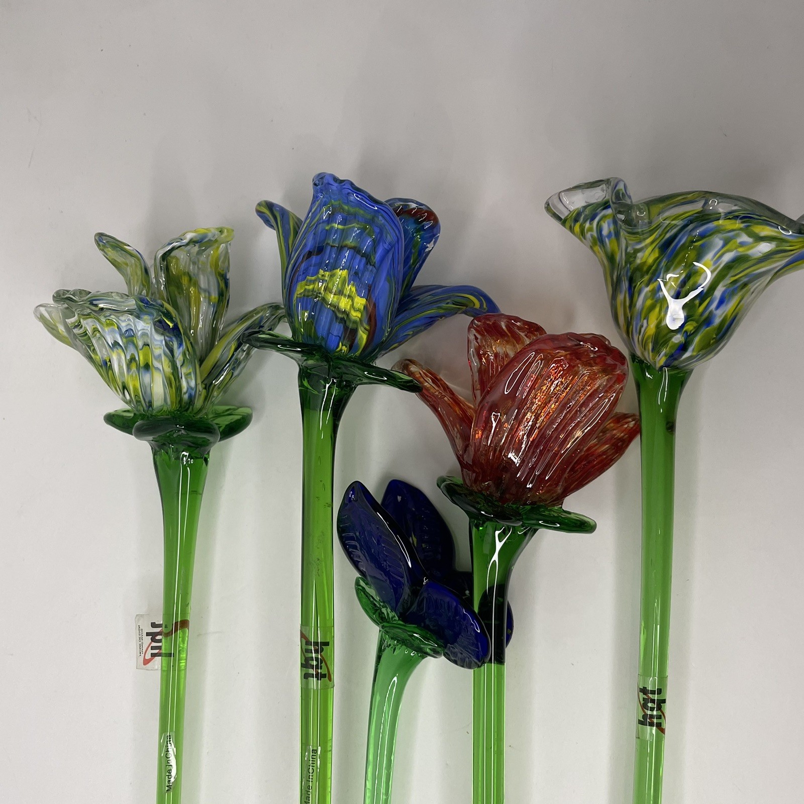 Set of 5 19″ Long Stem Multi-Color Flower Hand Blown Glass W/ Butterfly