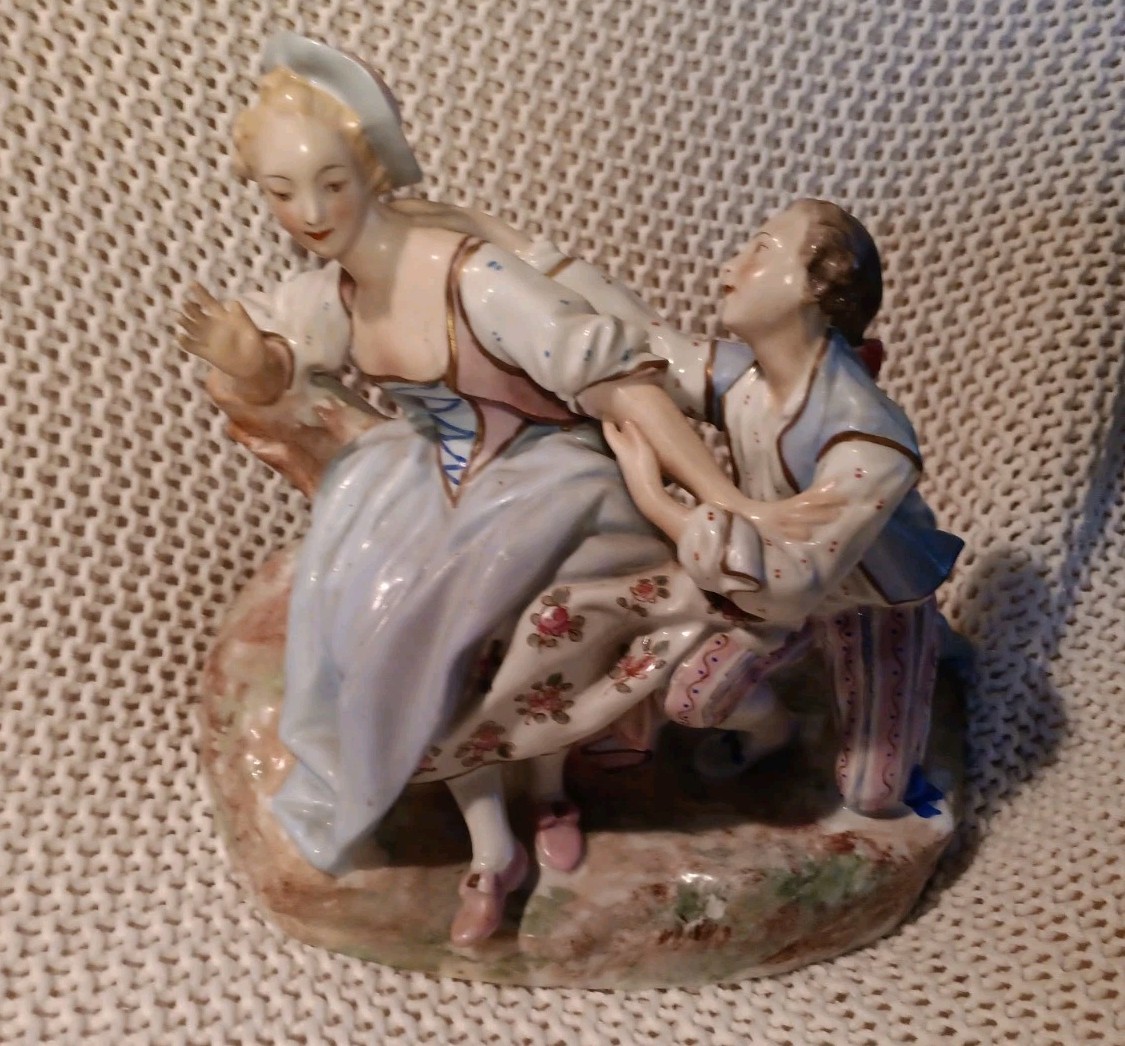 Antique Royal Crown Derby Rococo Scene Man Courting Woman Porcelain Figurine