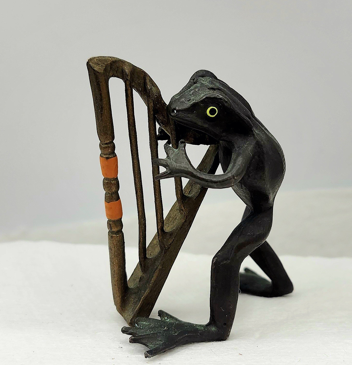 Antique Miniature Cold Painted Bronze Minstrel Frog Playing Harp