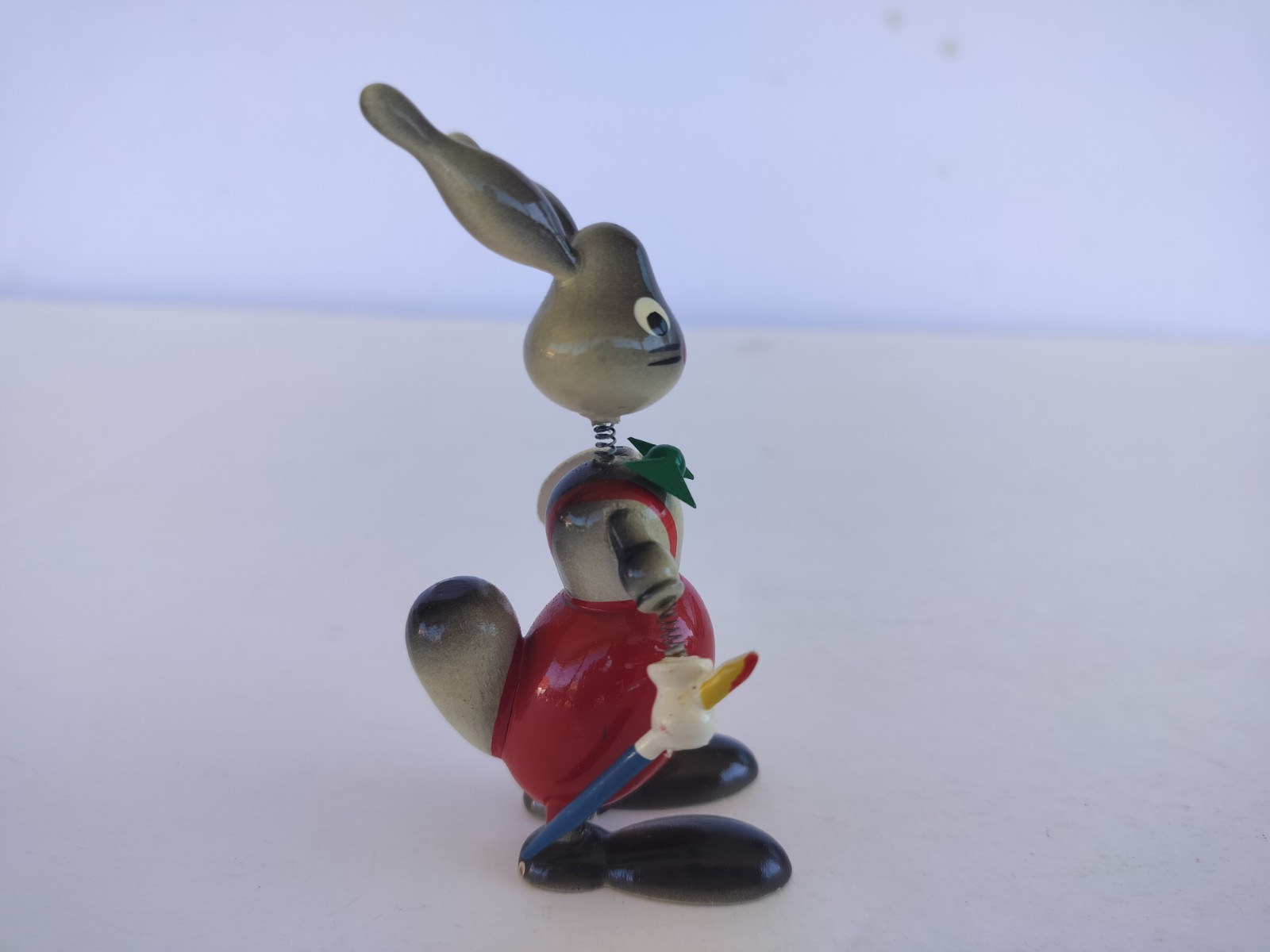 Vintage Goula Spain Wood Bobblehead Rabbit Bunny Painter Figurine