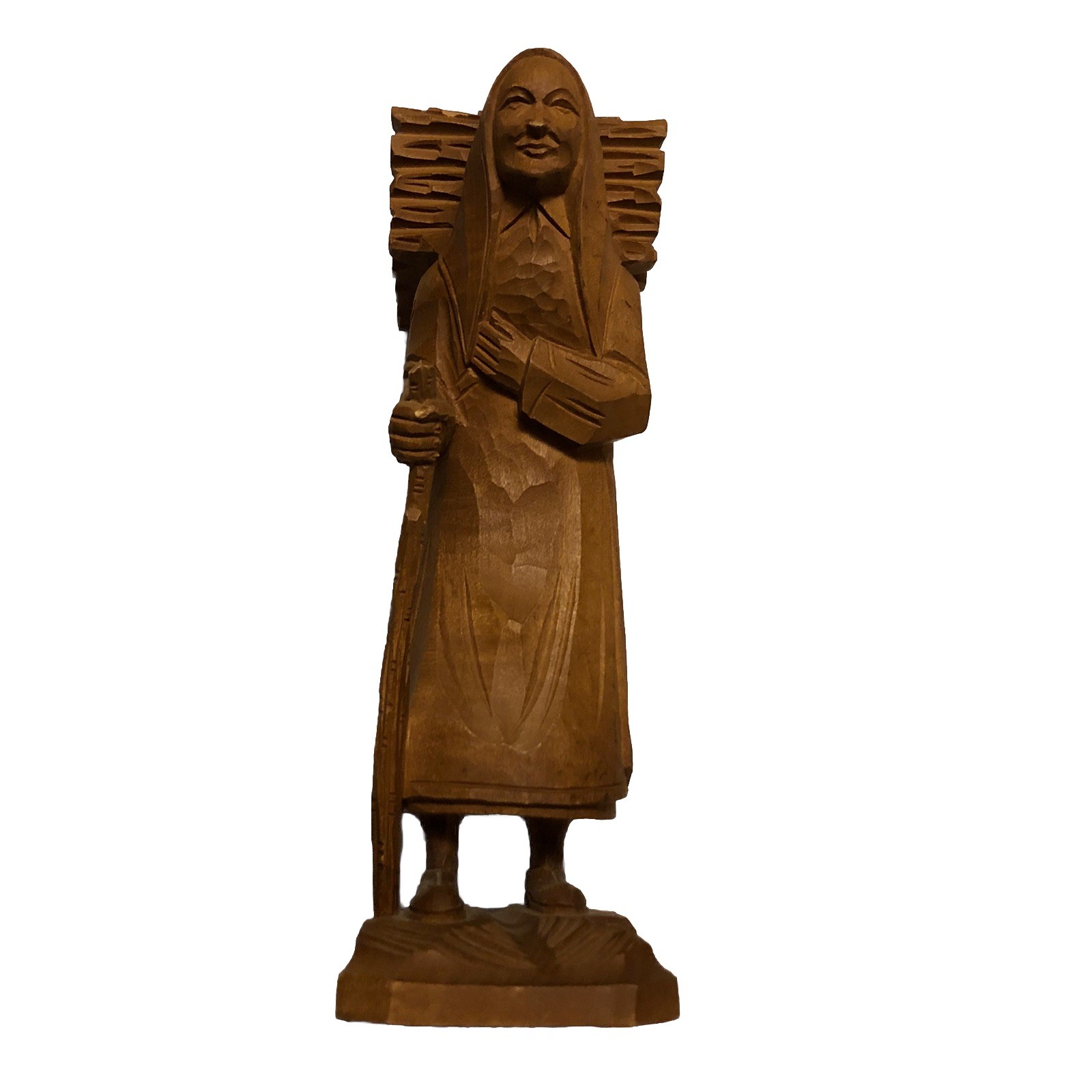 Wood Carved Older Peasant Woman Carrying Firewood Figurine Folk Art Stick Cane