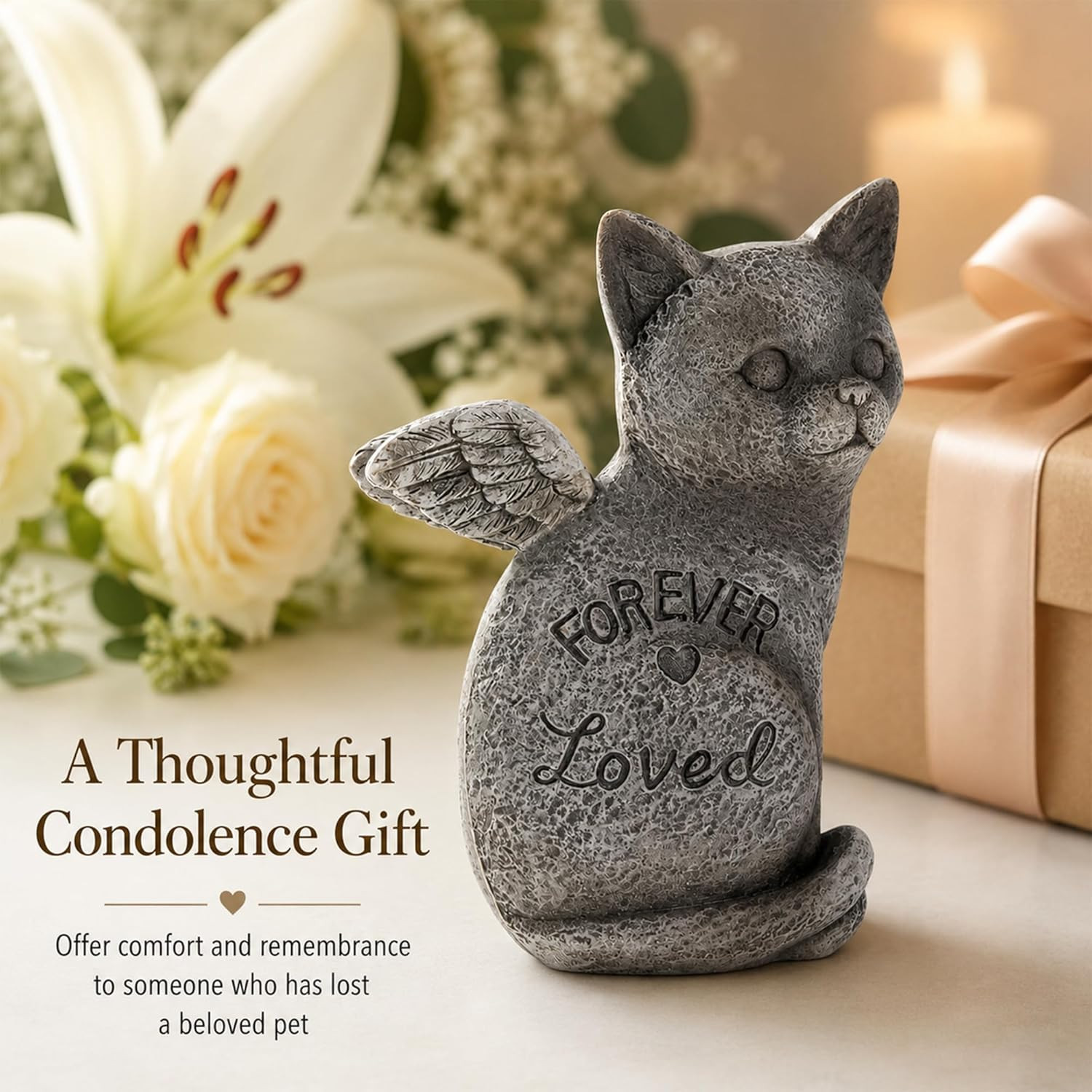 Angel Cat Memorial Figurine, Forever Loved, Gray Polyresin, Hand Painted, Waterp