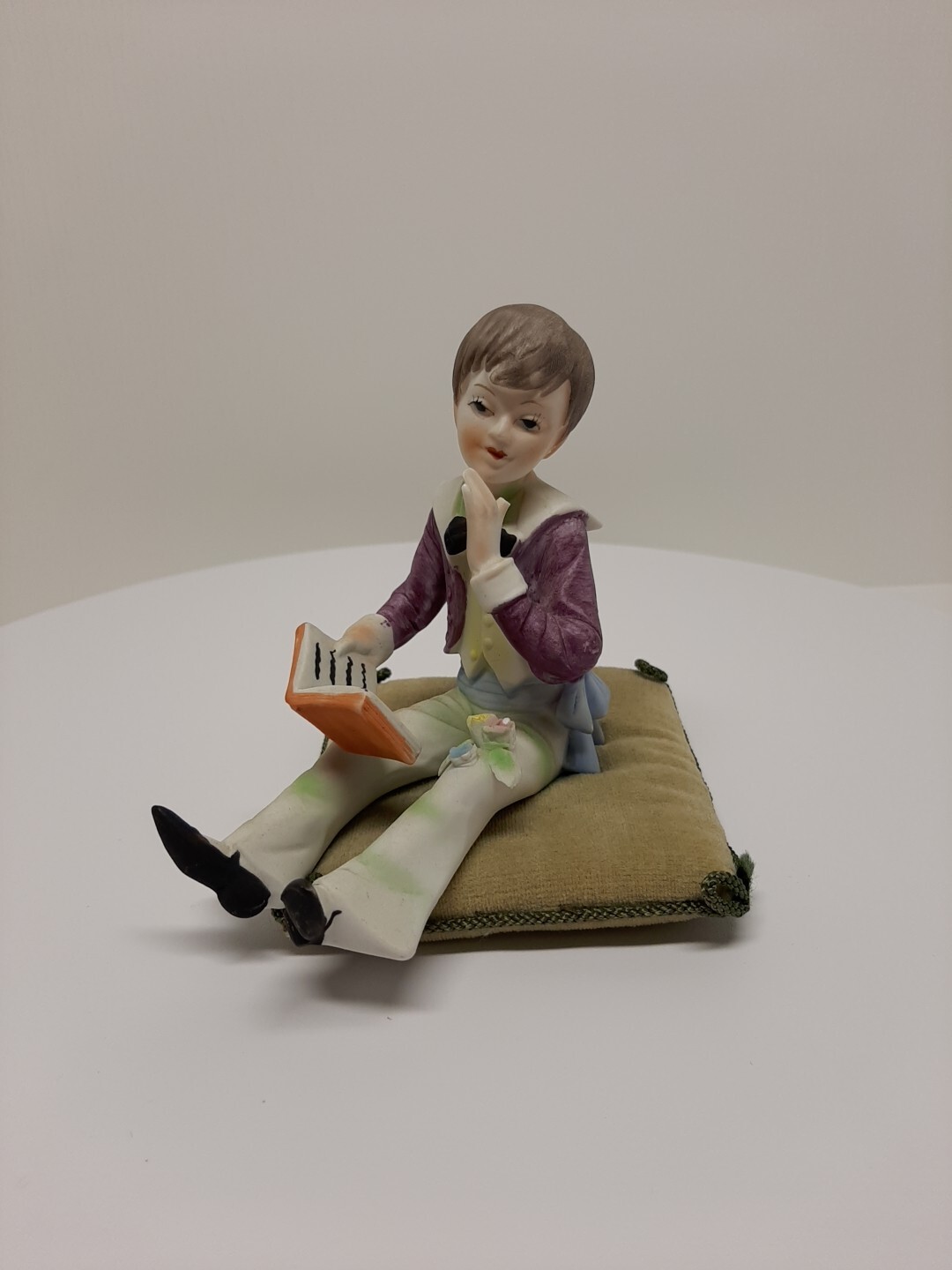 VTG Porcelain Boy Figurine With Book on Fabric Pillow Lenwile Ardalt Velvet D10