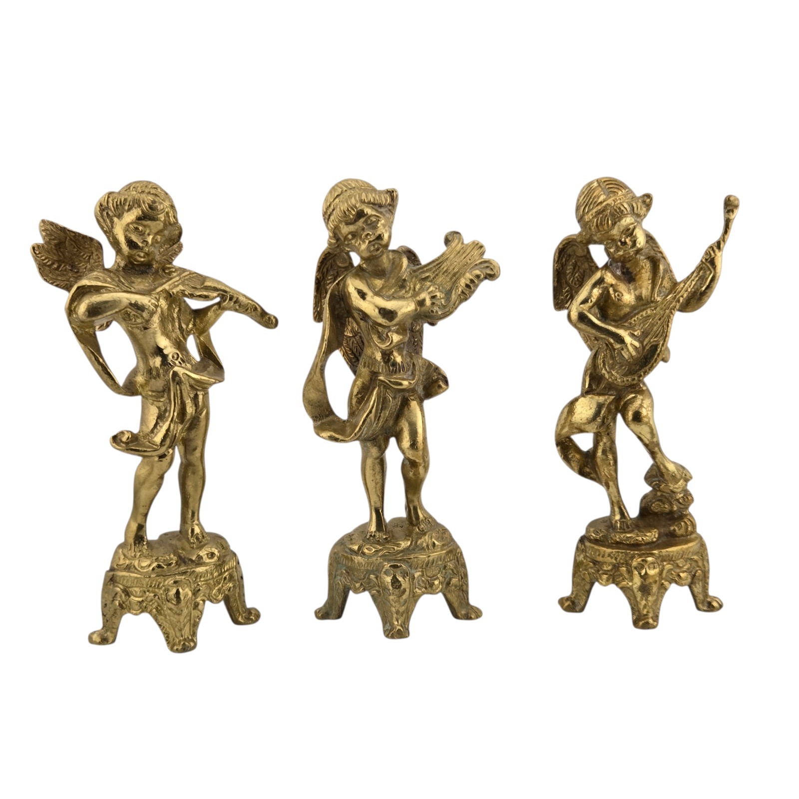 Set of 3 Vintage Brass Winged Cherub Angels Playing Musical Lyre, Lute & Violin