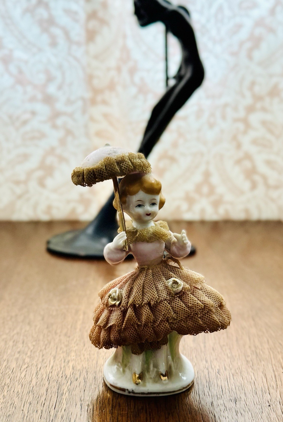 Japan Porcelain Girl Figurine w/ Parasol Hand Painted Glazed Fabric Dress