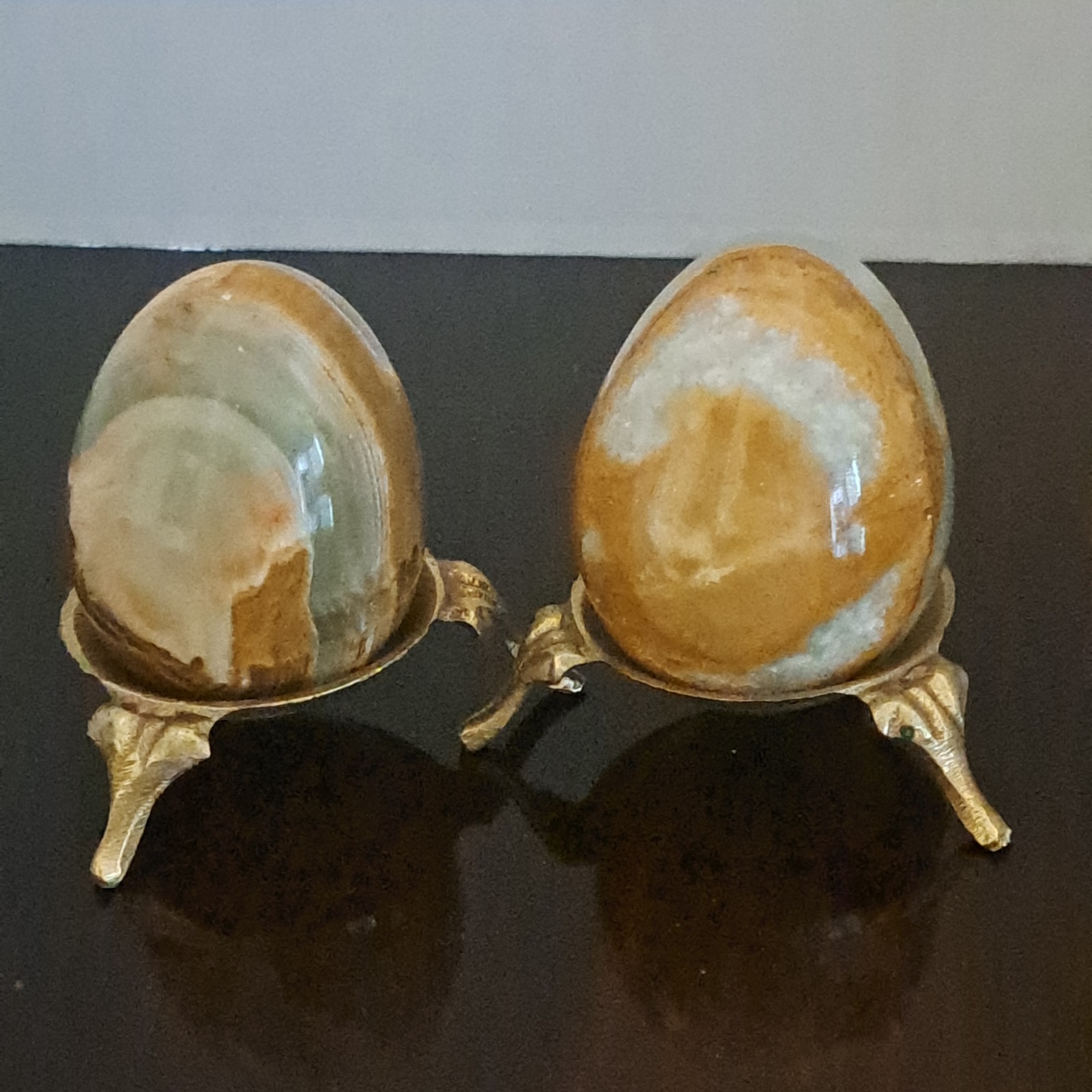 2 Vintage Marble Alabaster Stone Eggs with Stands- Collectible