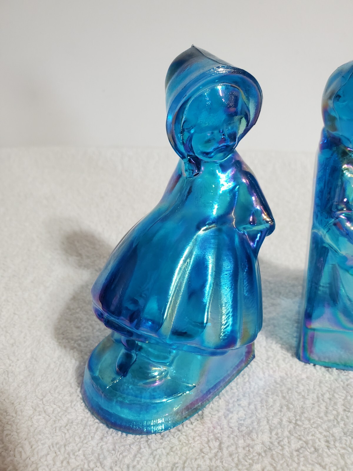 Vintage Wheaton Iridescent Blue Carnival Glass Boy And Girl Bookends