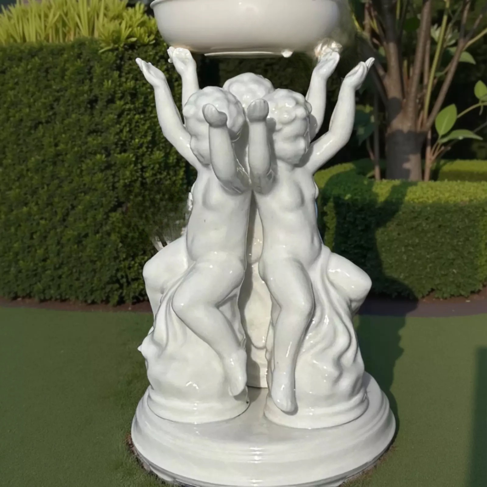 Ceramic Cherub Pedestal Beverley Midcentury White Iridescent Plant Stand