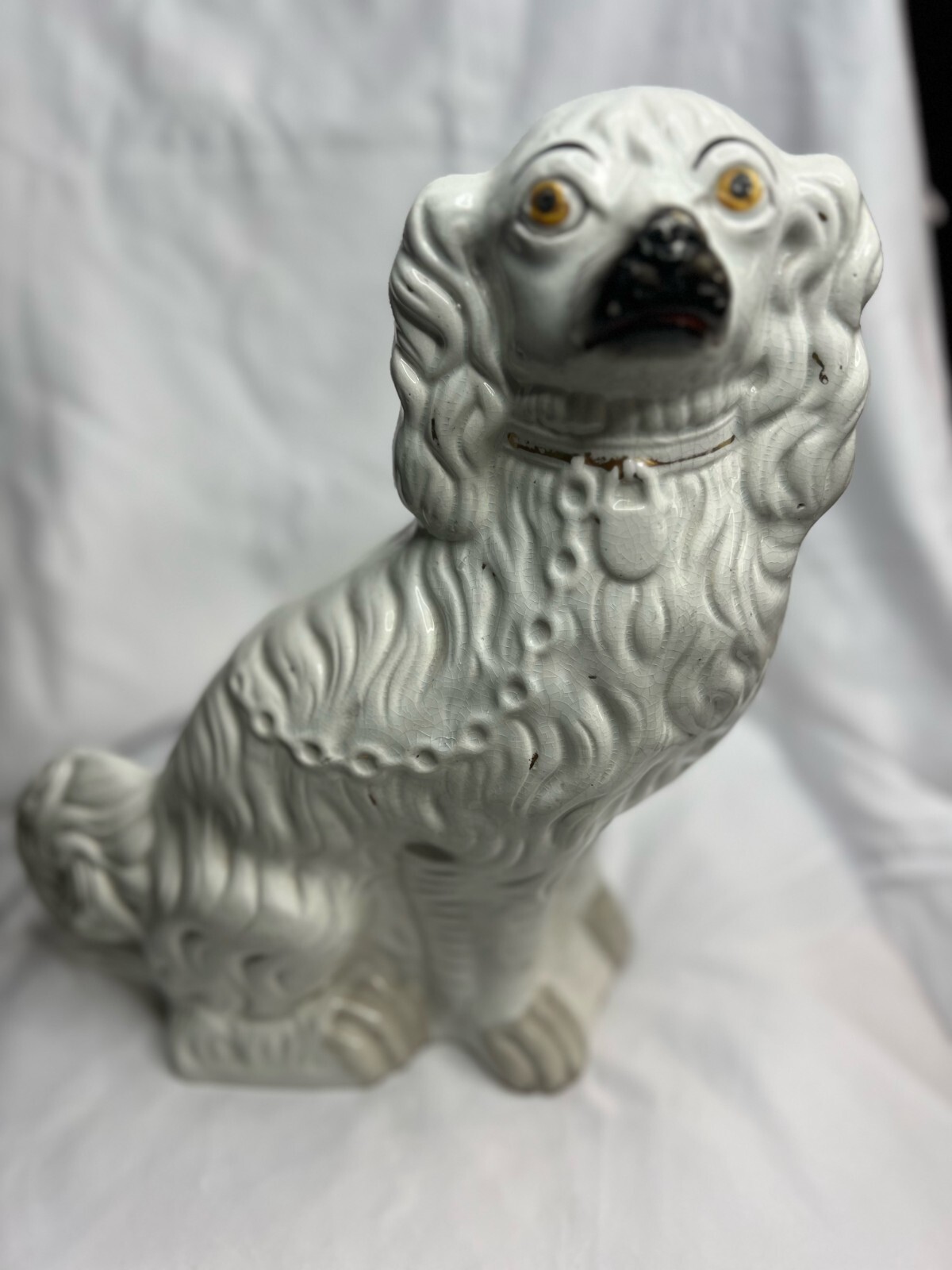 Set of 2 Vtg Staffordshire Ware Kent England 12” White Gold Mantle Dogs Spaniels