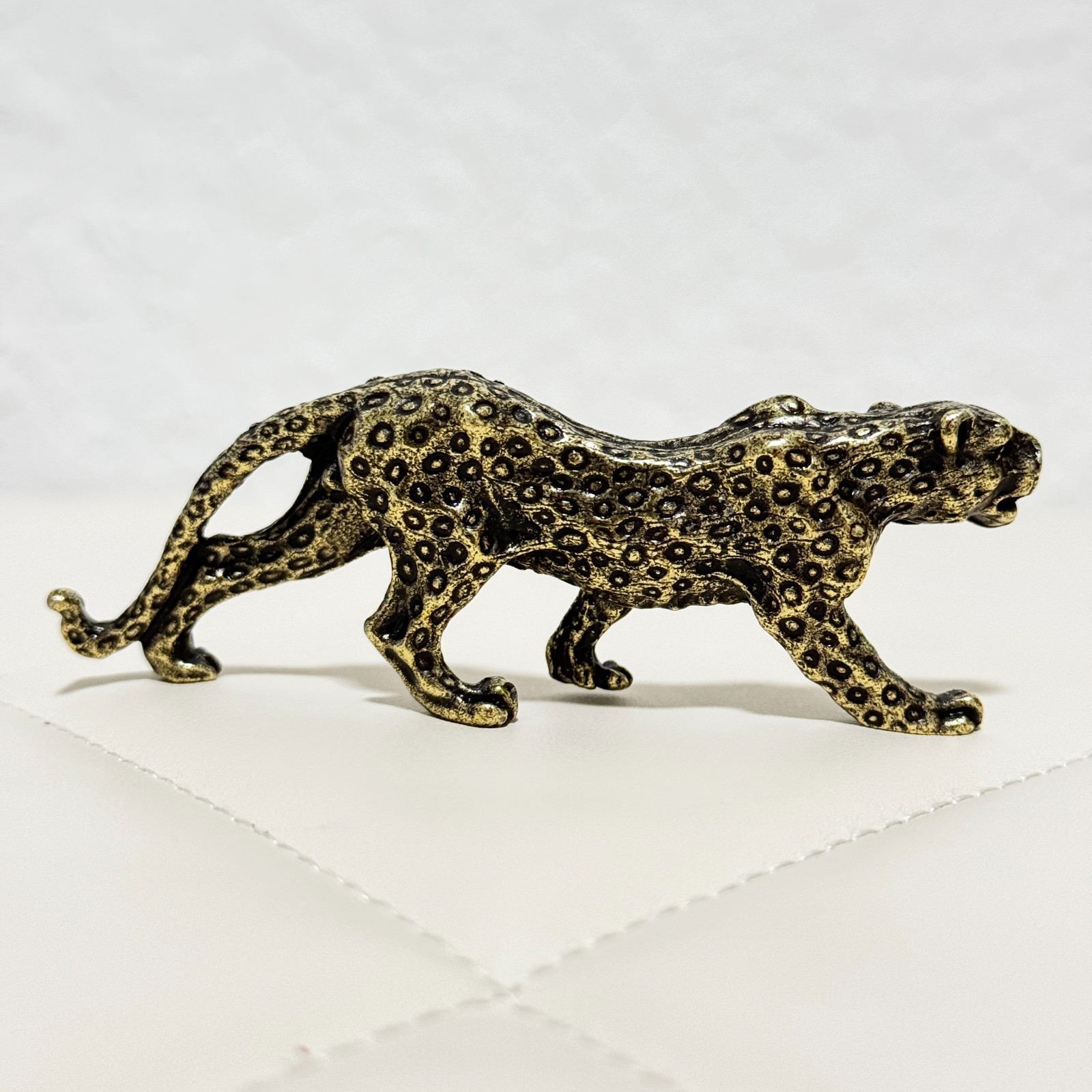 Vintage Metal Leopard Figurine Handmade Indian Brass Style Big Cat Decor 3.5 in