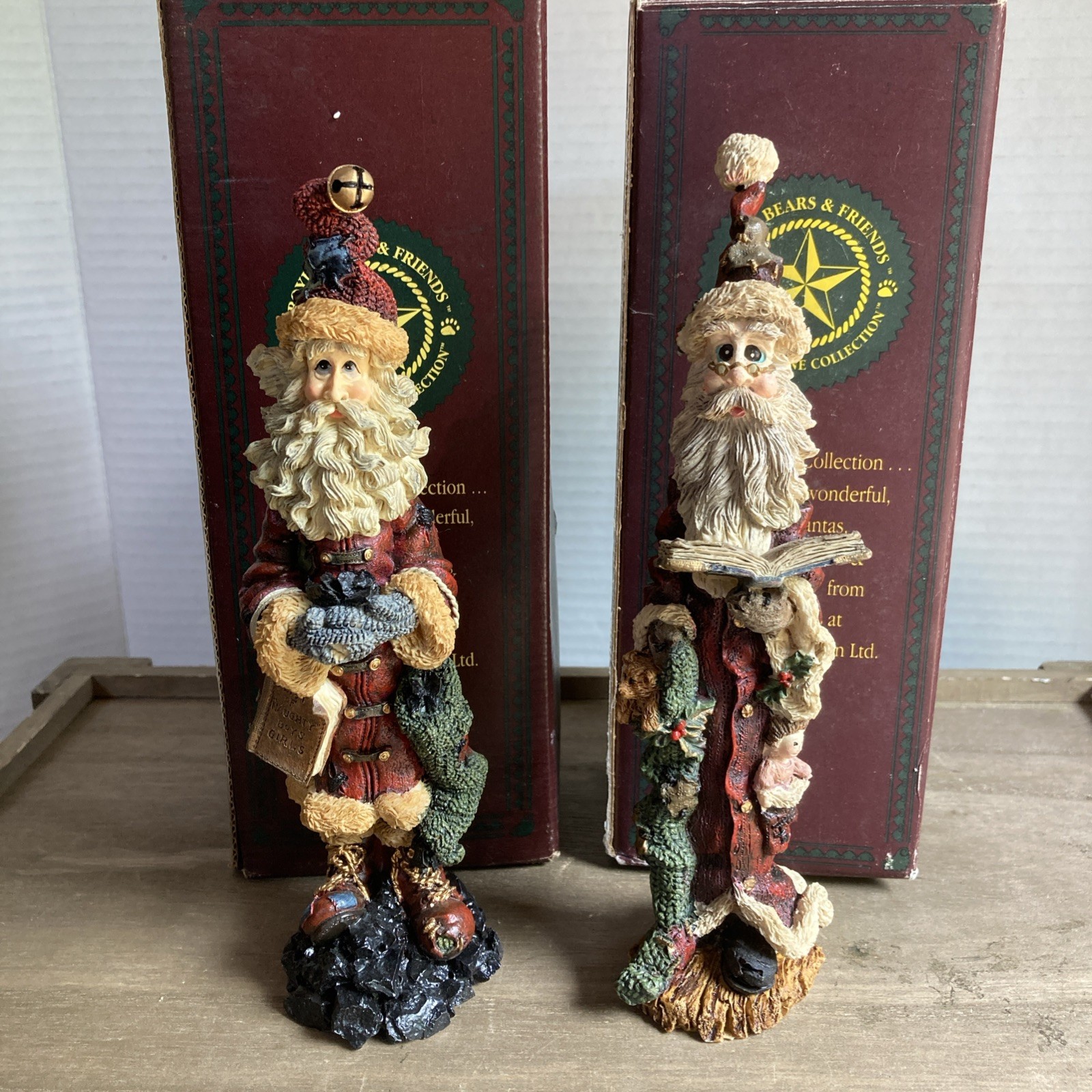 Boyds Bears Folkstone Santa Figurines ~ Set of 2 ~ 1994-1996 ~ 7” tall ~ boxed