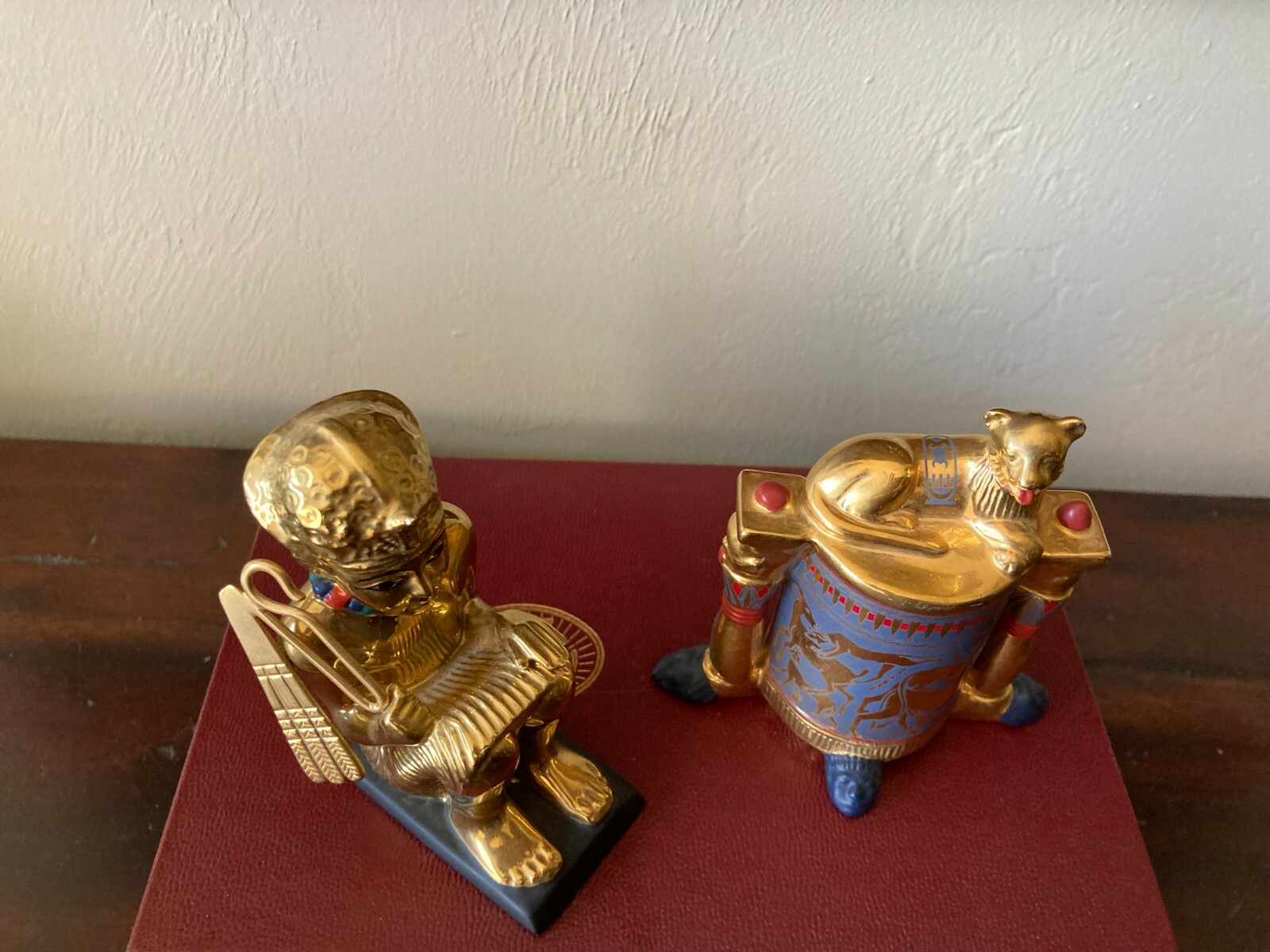 2 Gilt FRANKLIN MINT TREASURES OF TUTANKHAMUN~King Tut Squatting & Unguent Lion