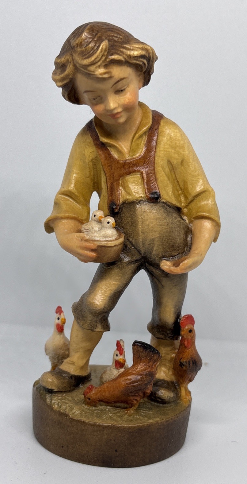 Dolfi Carved Wood Boy Feeding Hens Figurine Made In Italy 4.5” w/ Box