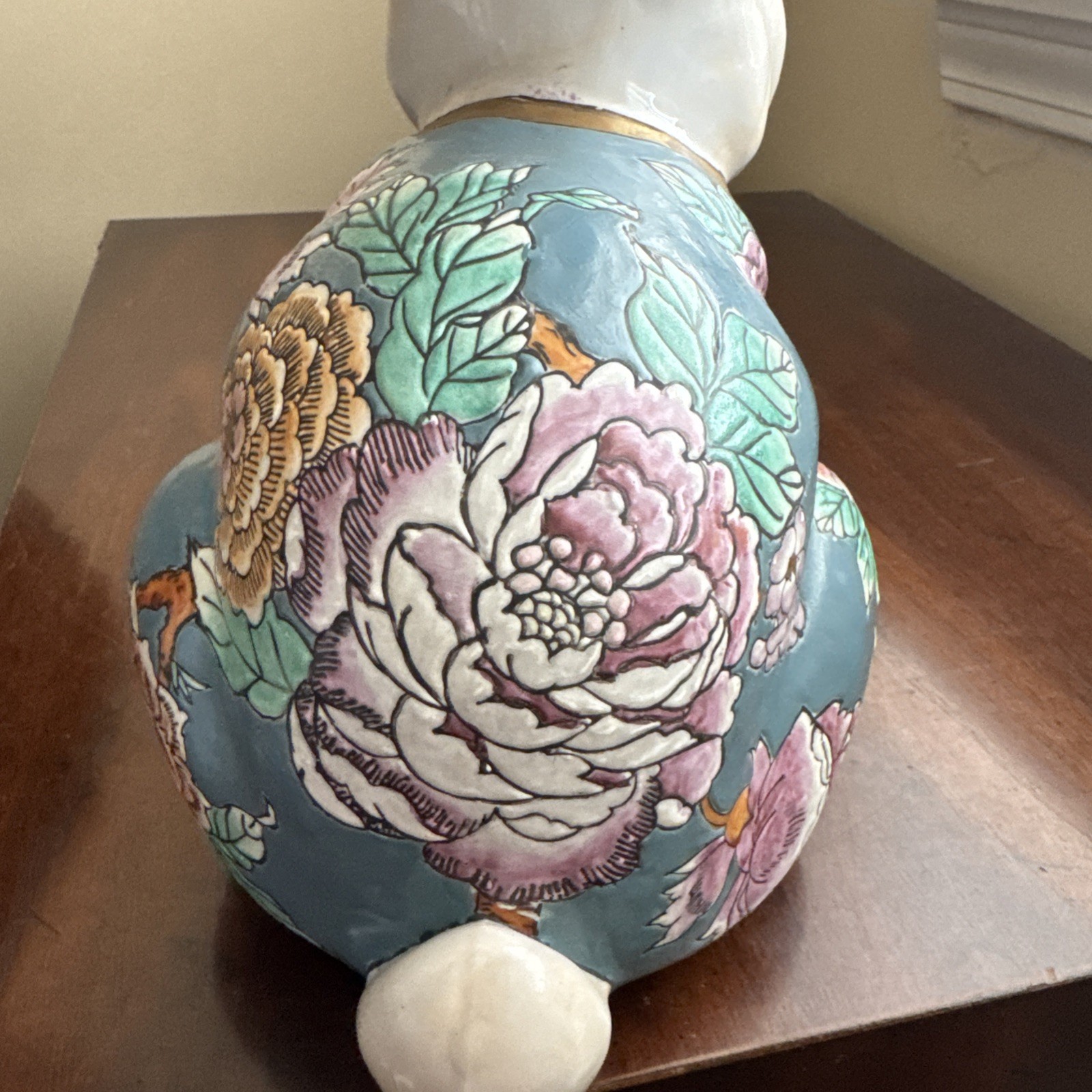 Large Porcelain Hand Painted Rabbit ,Teal Lavender Orange Metallic Gold 12 Inch