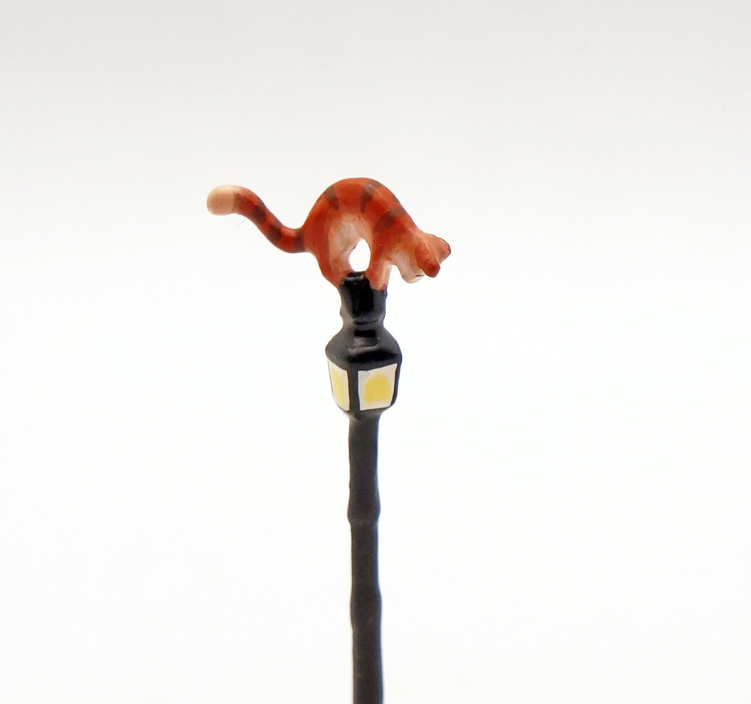 J Carlton by Gault French Miniature Figurine Dog Chasing Cat w Paris Street Lamp