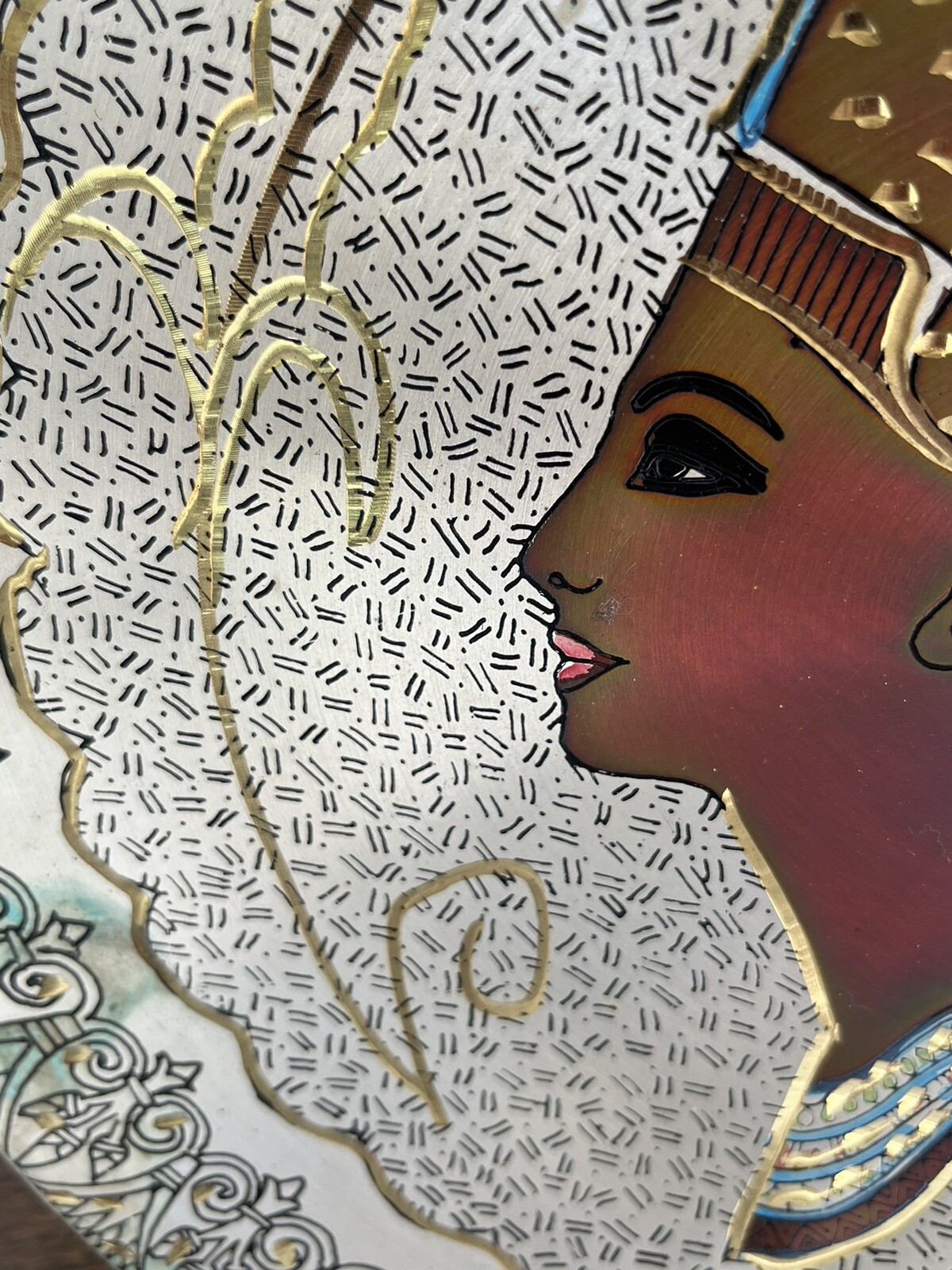 Vintage 1960s Egyptian Nefertiti 12″ Brass Wall Plate Hand Etched 100% Nehas