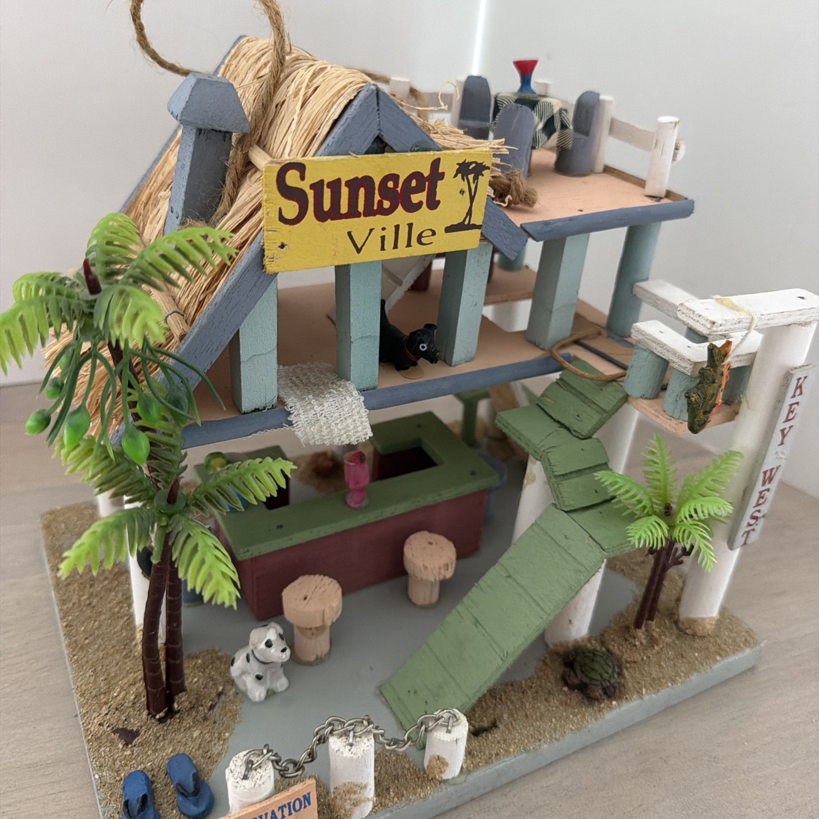 Sunset Villa Key West Wood Diorama Hanging Beach House Decor 9x7x8”