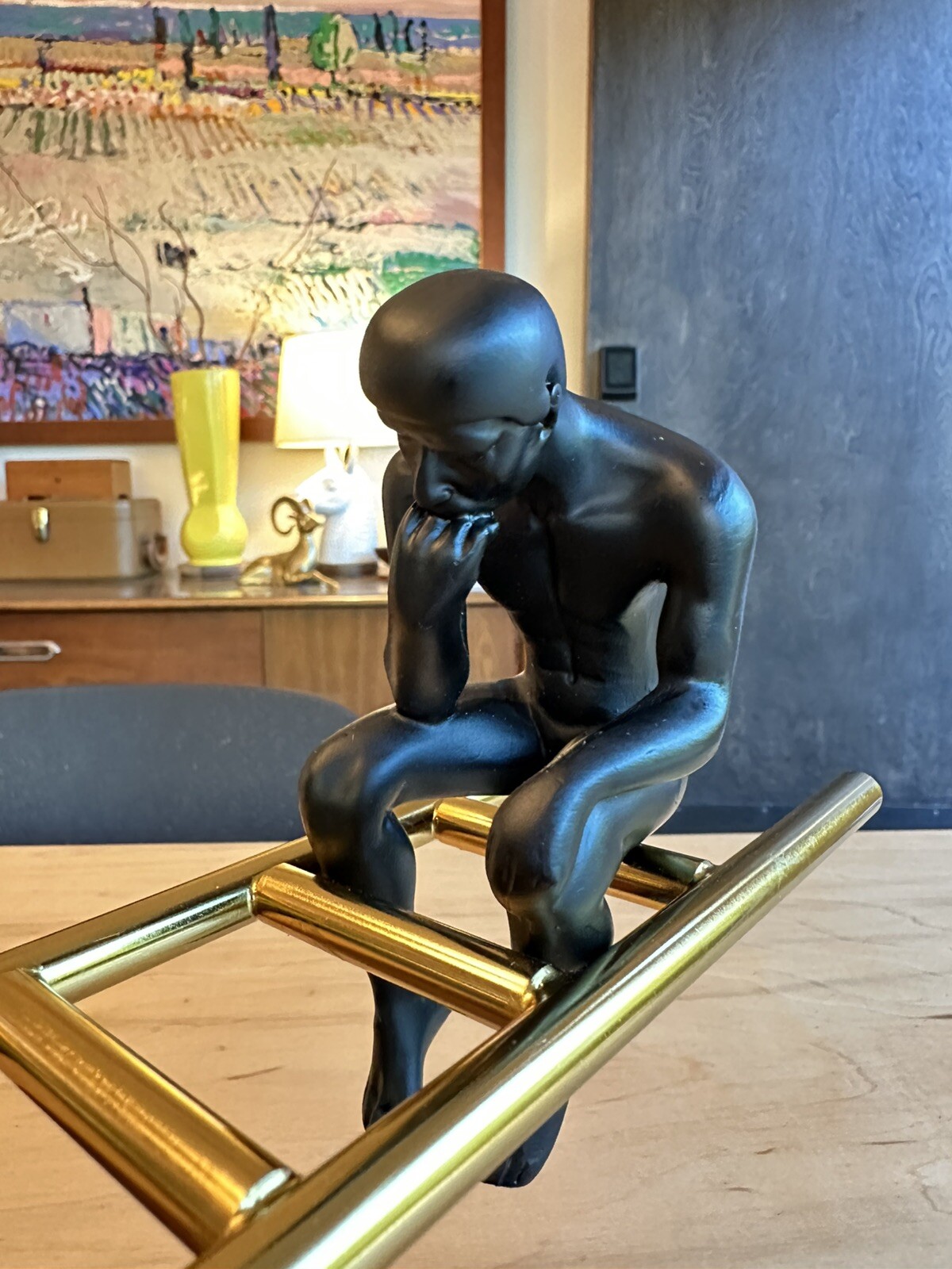 Man On The Stairs Thinking Man, Magnetic, Gold Metal, Movable, Balanced, Sturdy