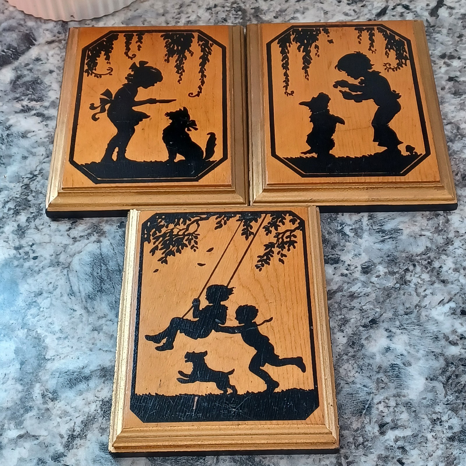 Kids Swing And Dog Sillouette Wall Art Deco Wood & Black Painted Pictures 3 Diff