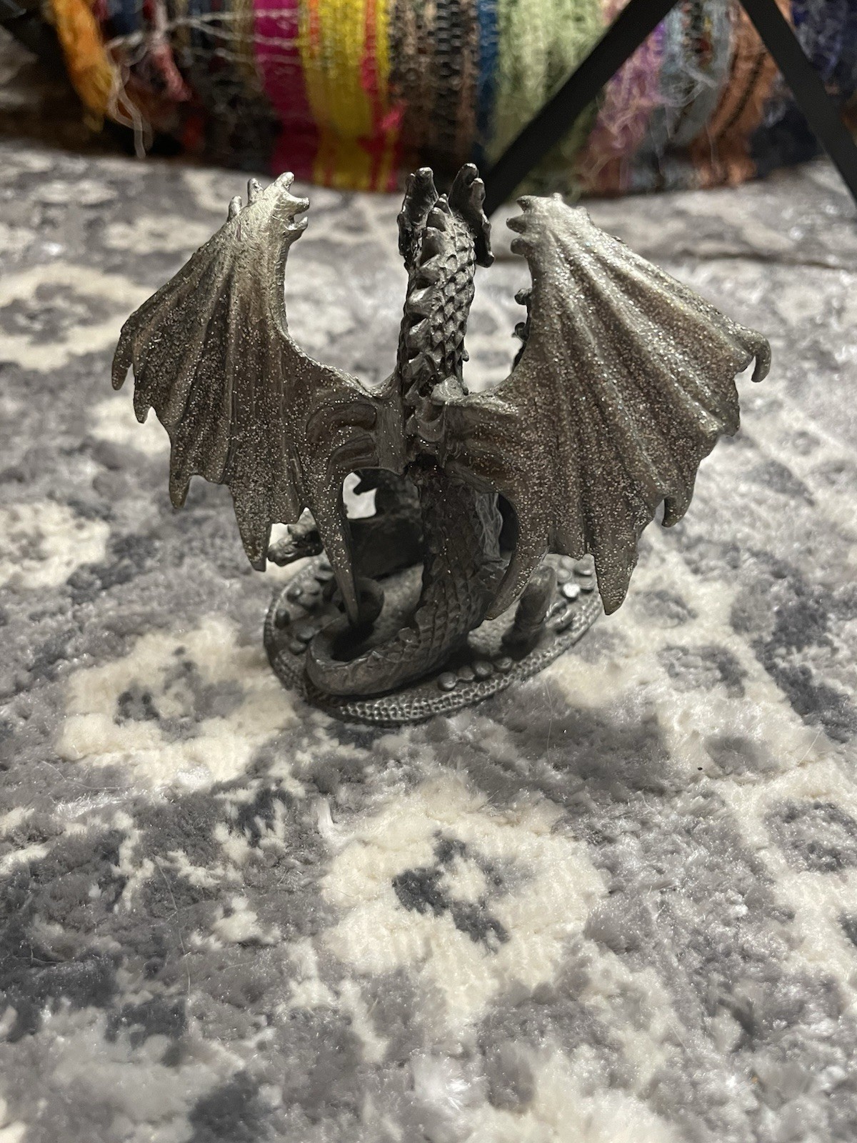 Metal Wizard & Dragon Figure With Purple faux Gem Heart Decor Great Condition