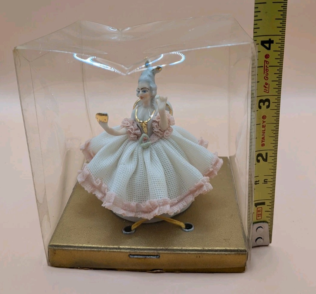Vintage Dresden Style Lace Lady 3in Figurine Rococo Court Dress w/ Original Box