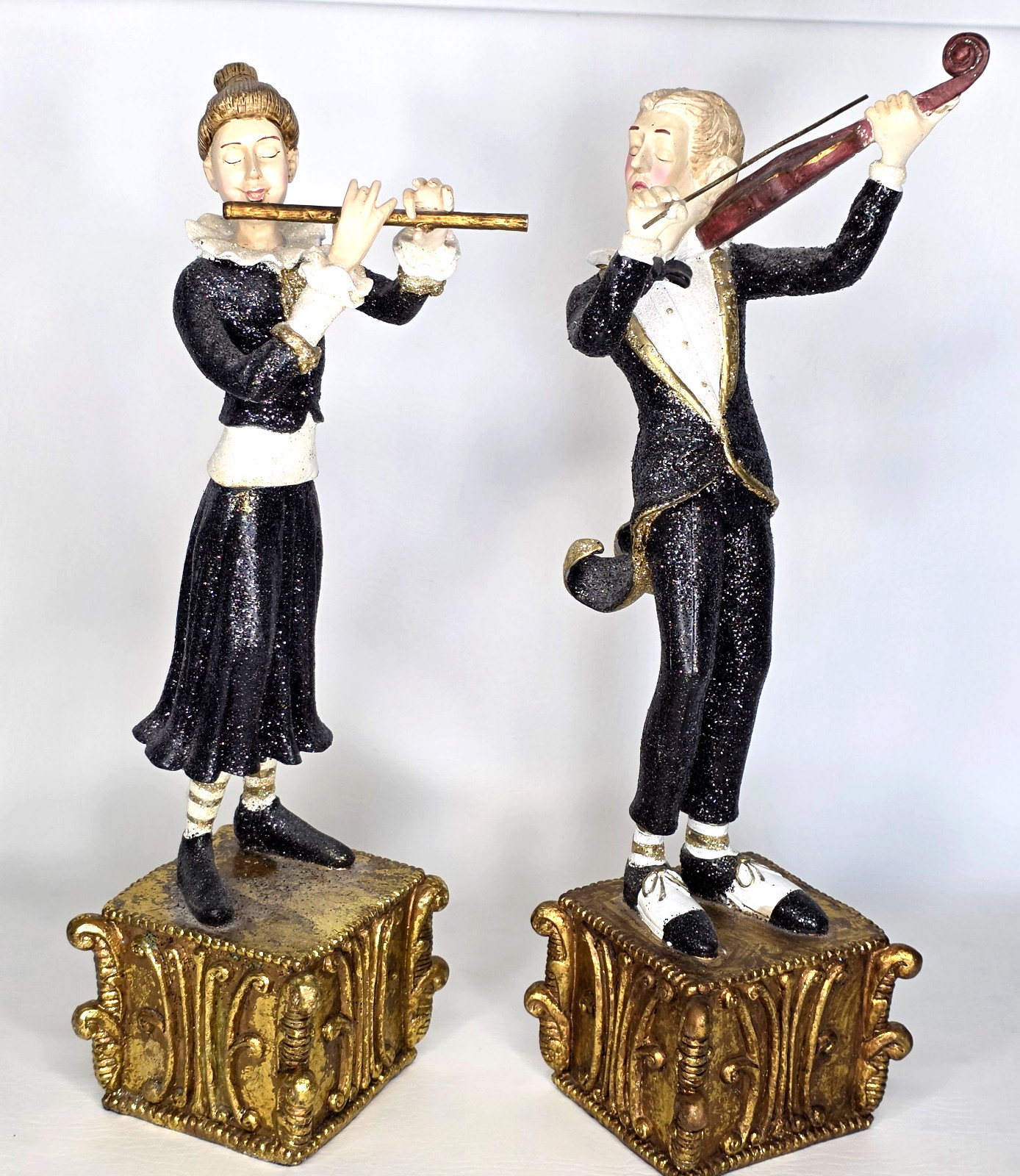 Vintage Lillian Vernon Musician Figurines Flute Violin Player Statue Pair Decor