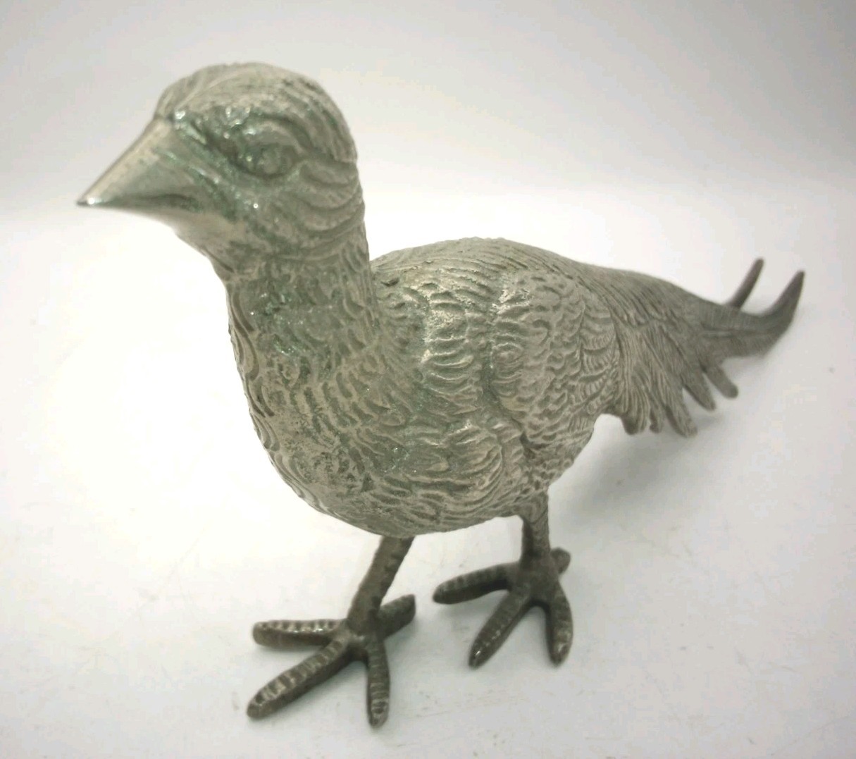 8.75″ Vintage Cast Metal Silver Tone Pheasant Nice Feathers Figurine Bird VTG