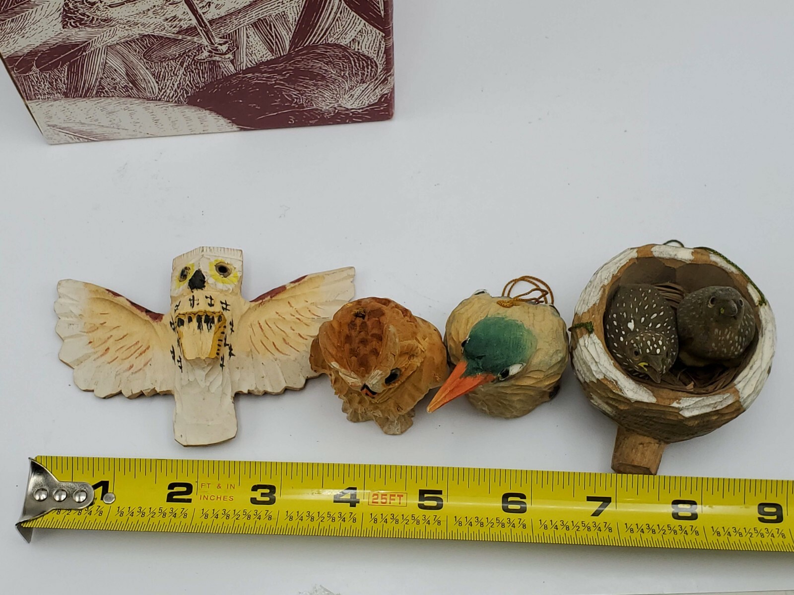 Lot of 4 Wood Carved Painted Bird Ornaments by The Nature Company Owls Kiwi