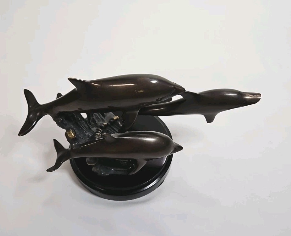 VTG Bronze Dolphins Leaping Over Wave Sculpture Composite Base