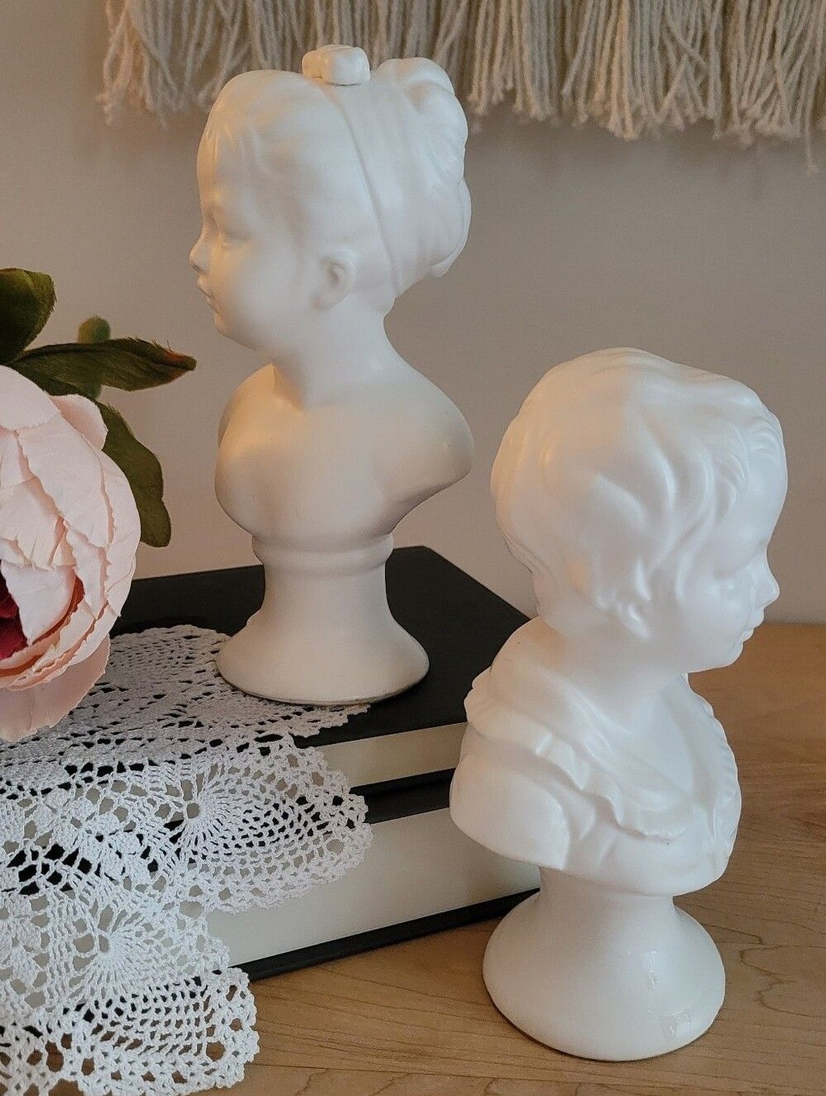 Vintage Napcoware White Porcelain Victorian Children Busts, Set of Two