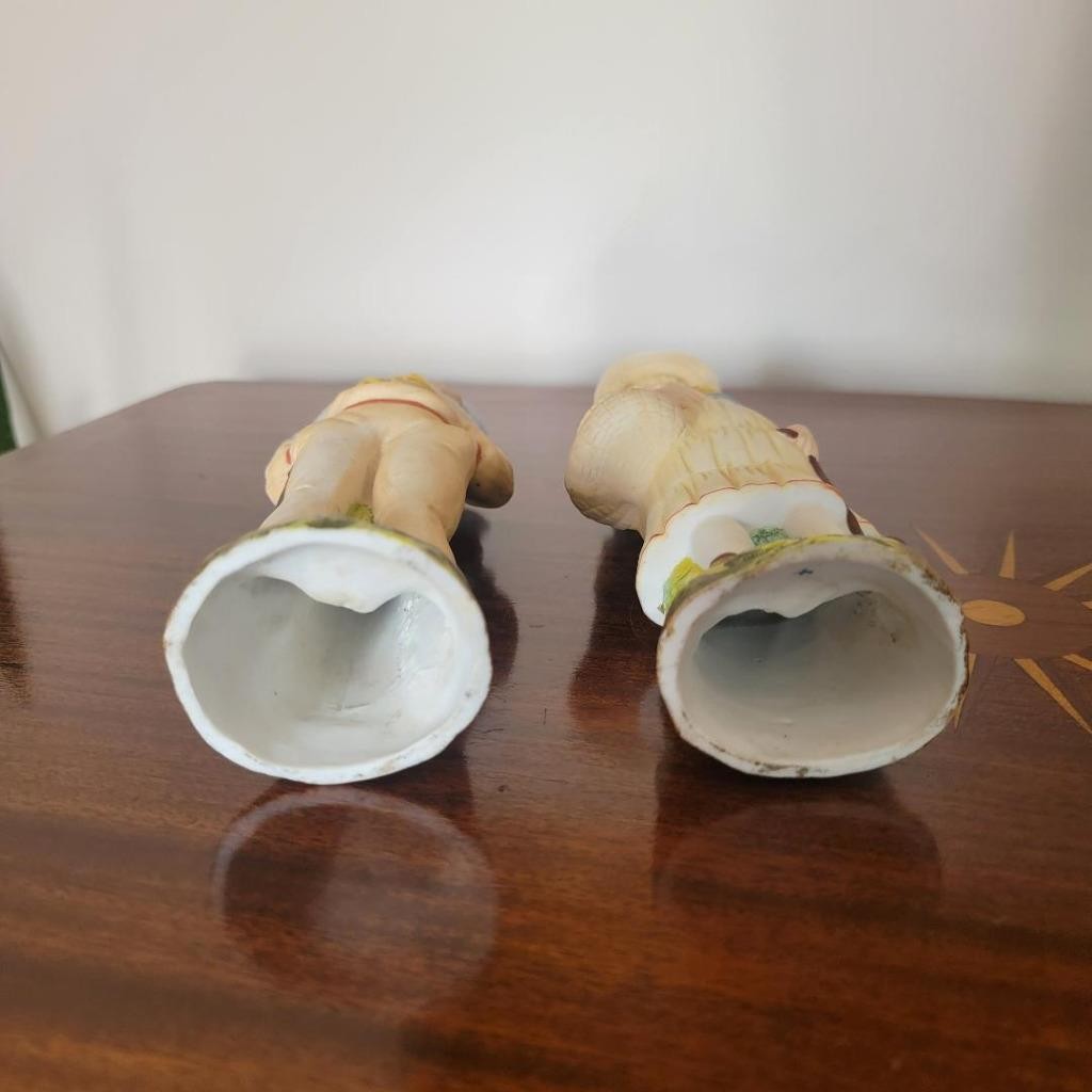 Pair Antique Hand Painted Hollow Boy and Girl Bisque Porcelain Figurines
