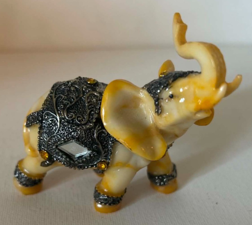 Vintage IVORY LOOK ELEPHANT Resin Figurine from Metal + Jewels SO Intricate