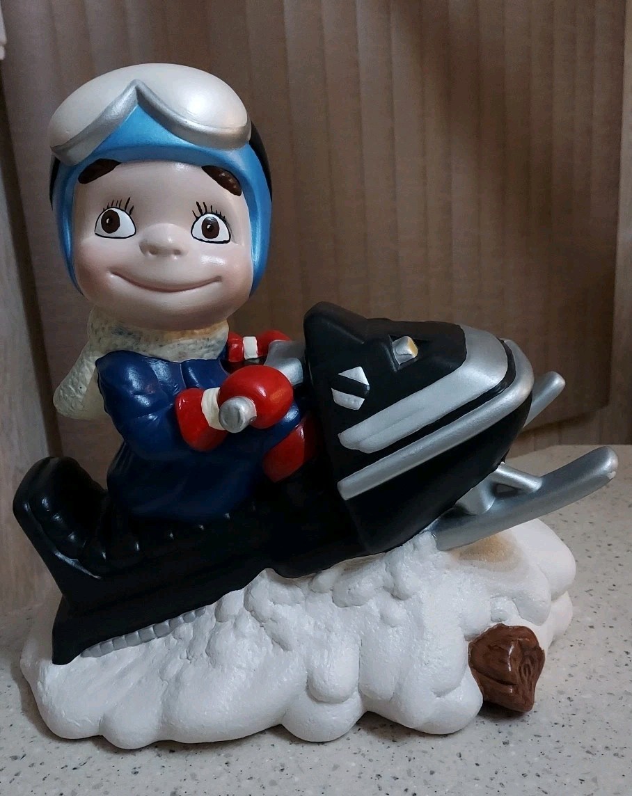 VINTAGE 1970’s SMILEY BOY Yamaha Black Snowmobile Ceramic Figure Atlantic Mold