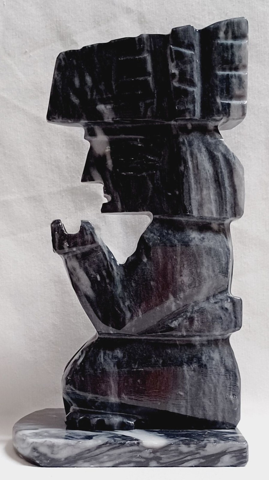 VINTAGE HAND CARVED AZTEC CHIEFTAIN ONYX MARBLE FIGURE SCULPTURE DETACHED BASE