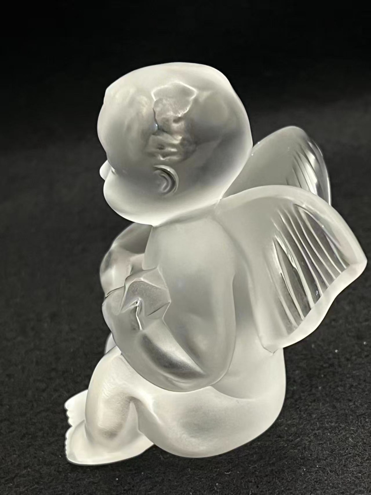 Lalique France Frosted Crystal Cherub Playing Mandolin Figurine 3.2in Tall