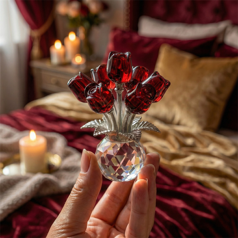 Crystal Colorful Rose Flower Collectible Figurine With Vase Rose Bouquet Floral