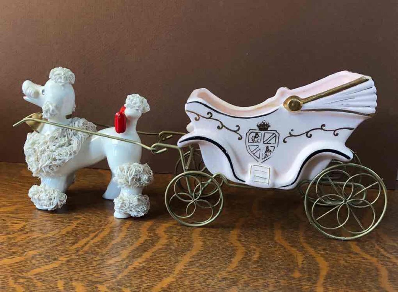 Vintage Napco Pink Gold Buggy Carriage Spaghetti Trim Poodle Dog Sleigh Planter