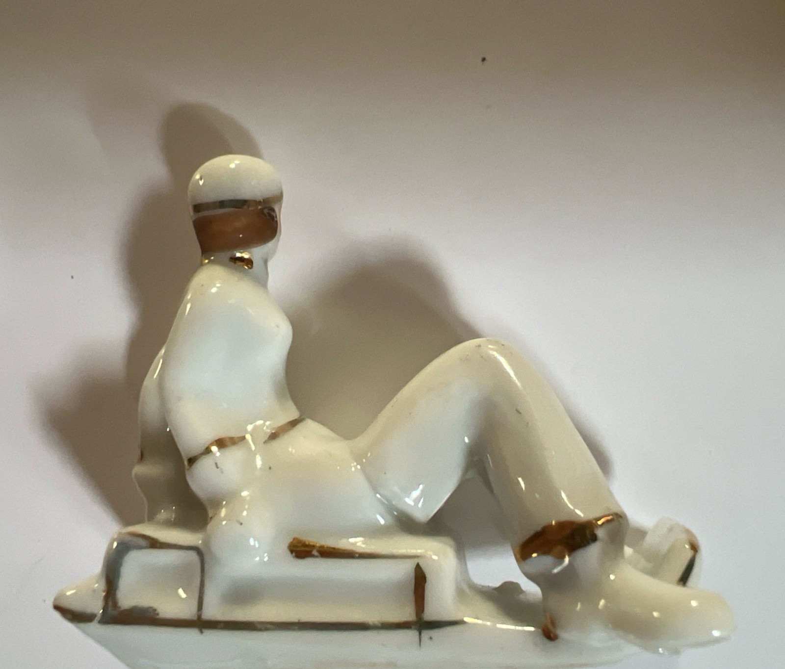 3 Vintage Japanese Porcelain Lady Skiers And Sledder Figures Set w Gold Trim