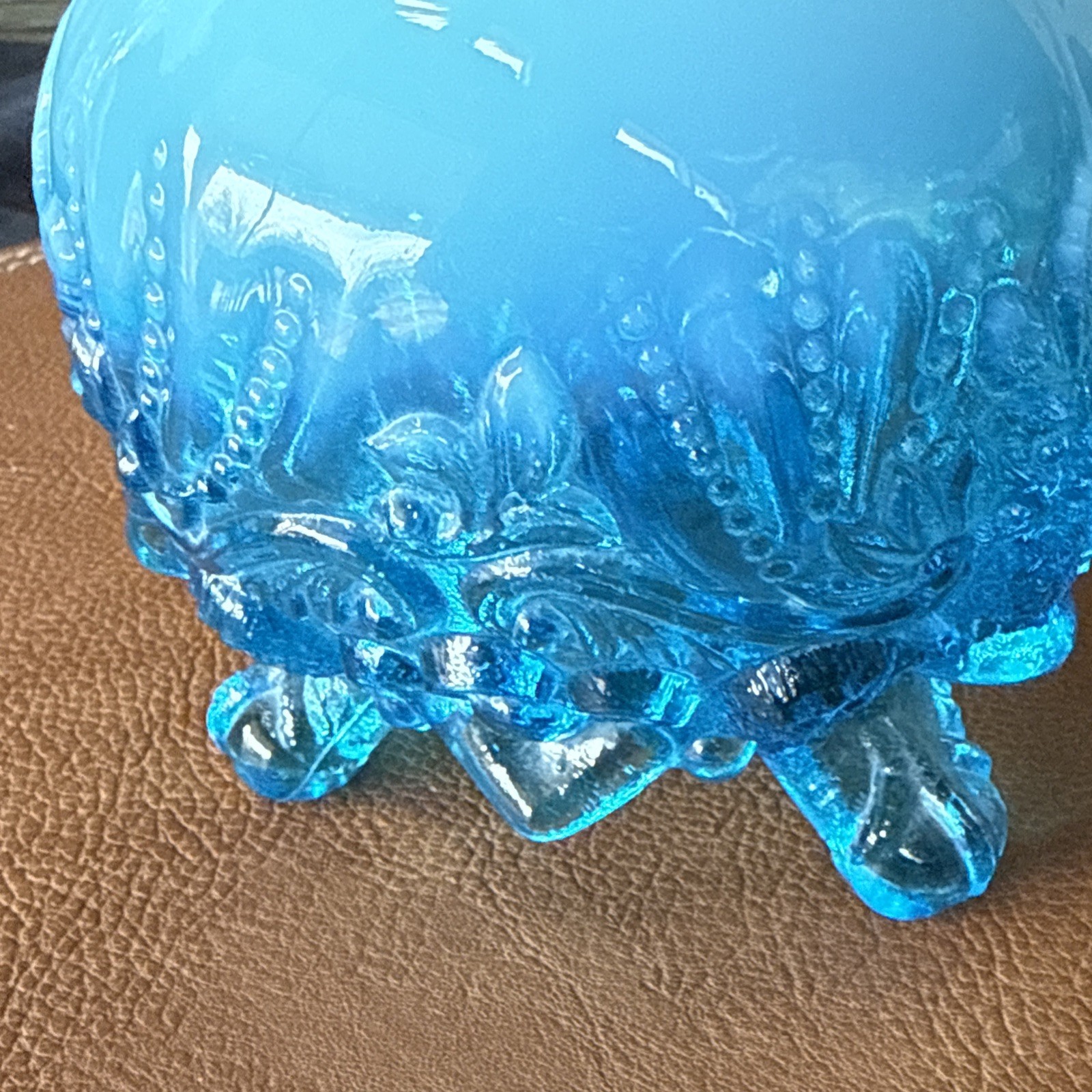 Vintage English Sowerby Blue Opal Piasa Bird Opalescent Glass Rose Bowl