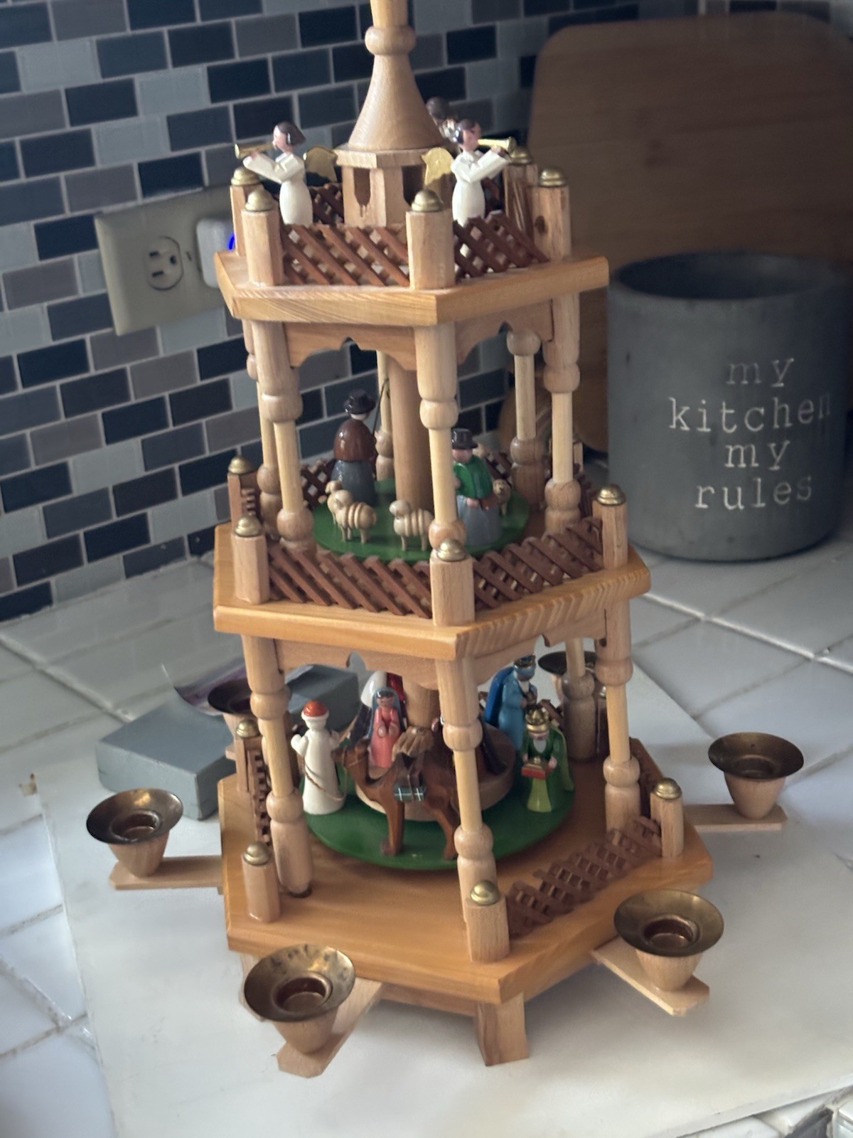 Traditional Wooden 3 Tier Pyramid Hand Carved Nativity Set From Germany