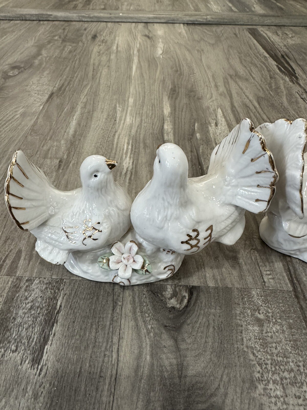 Set Of Three Vintage Figurine White Doves with Gold Detail and 3D Ceramic Flower