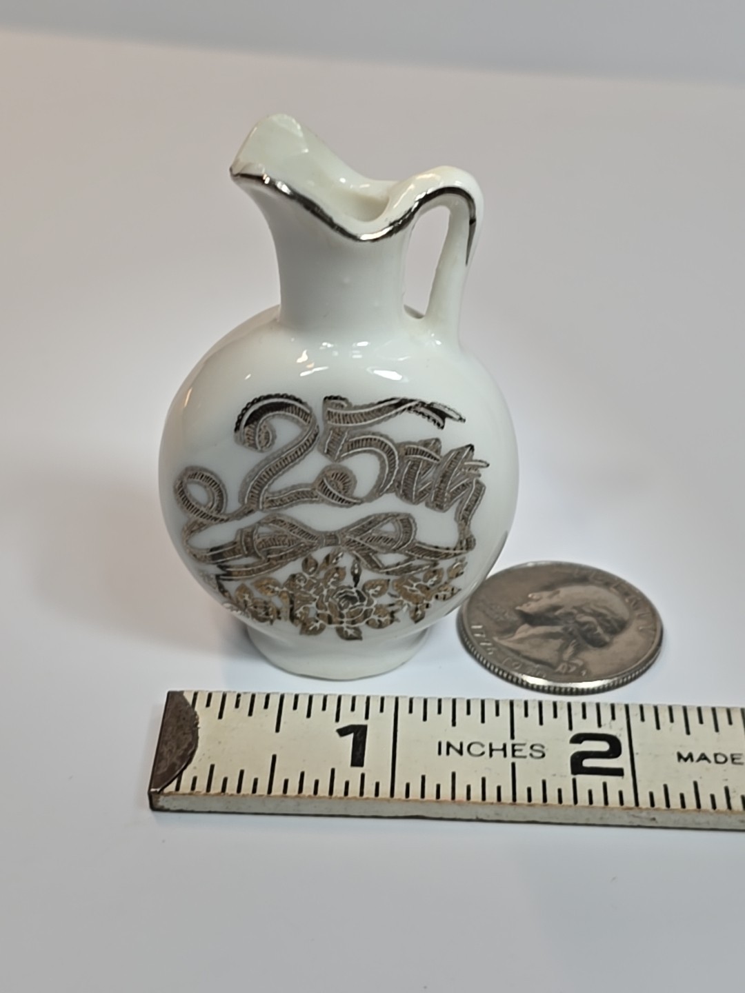 Enesco 25th Anniversary Miniature Pitcher White Ceramic Silver Color Lettering