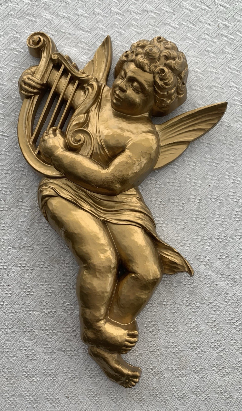 Vtg Syroco 1963 MCM Gold Cherub Playing Harp Wall Hanging Decor Angel Celestial