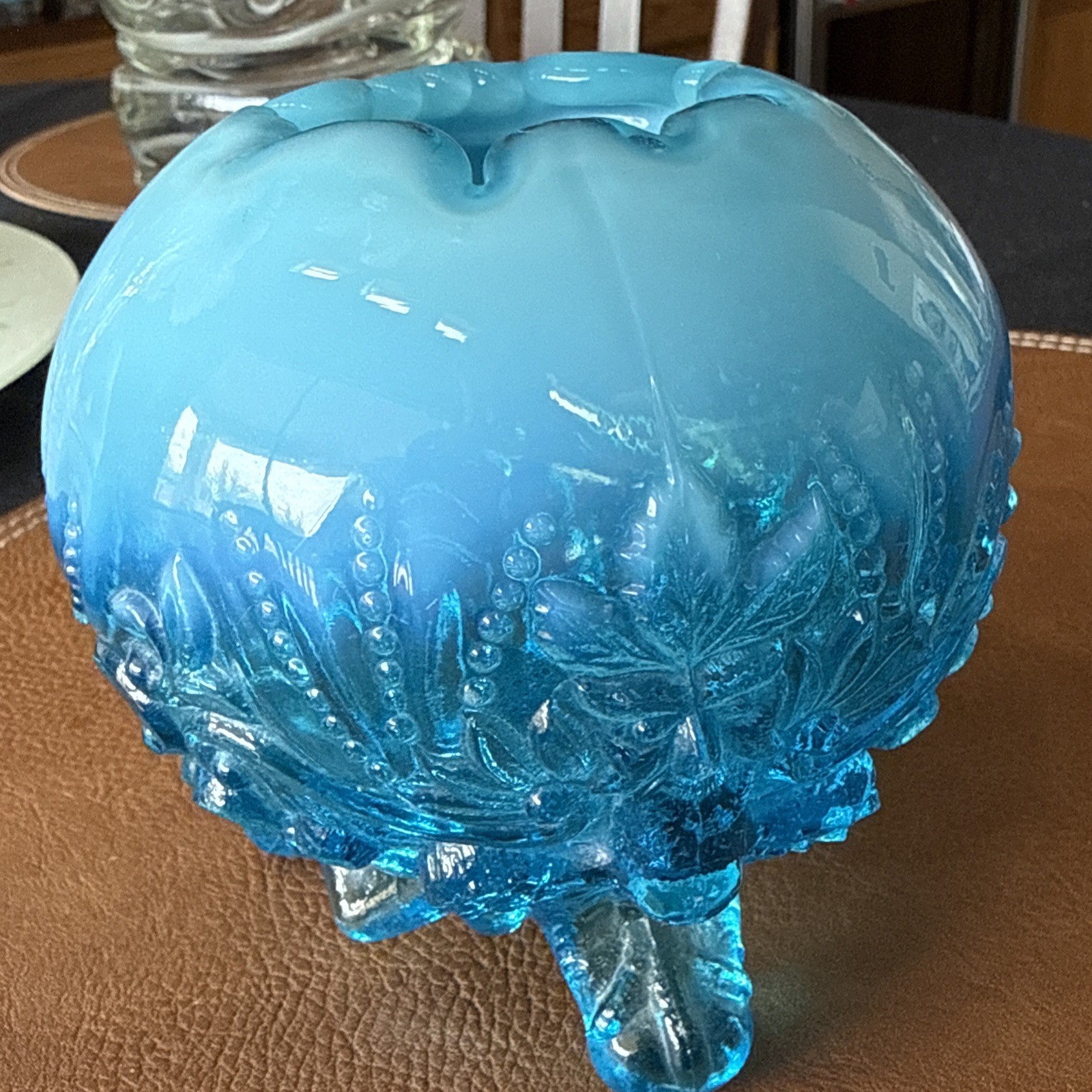 Vintage English Sowerby Blue Opal Piasa Bird Opalescent Glass Rose Bowl