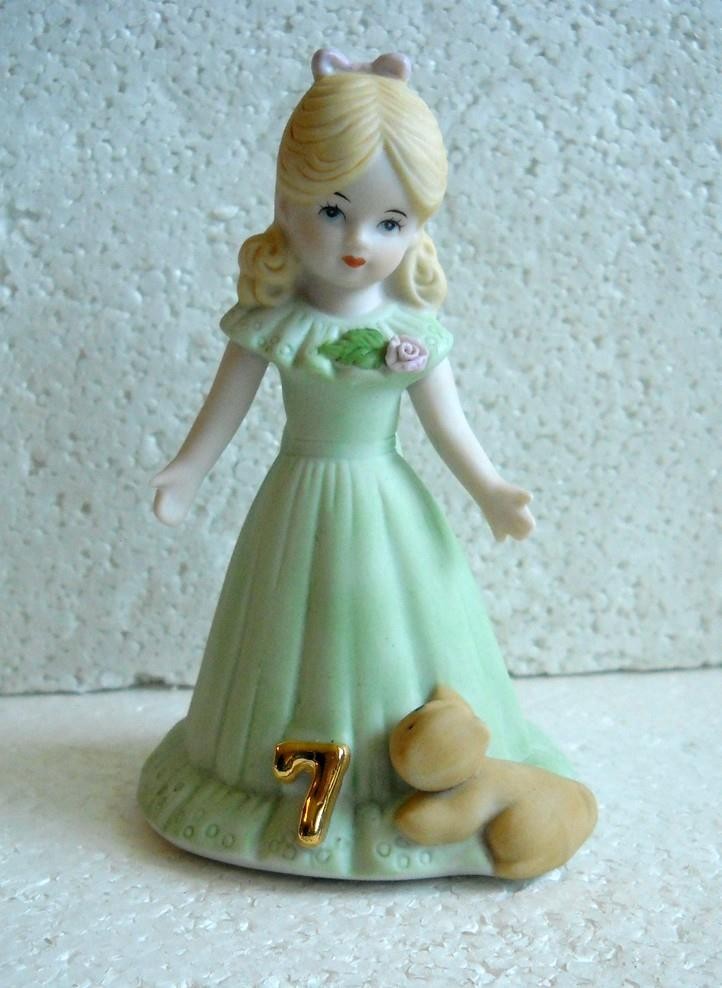 ENESCO Growing Up Birthday Girls Age 7 Lt Green Dress Blonde Yellow Hair 1981 h