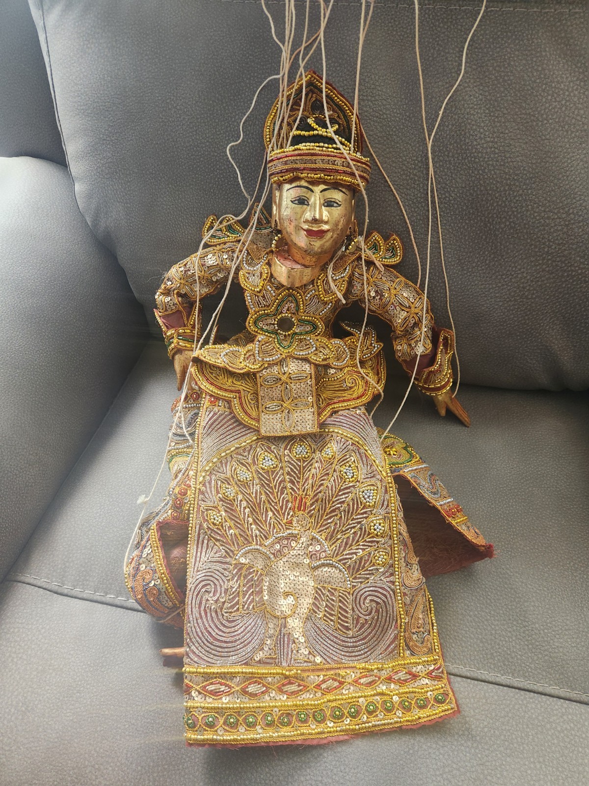 Vintage Marionette Wood Burmese Puppet Folk Art Gold In Color Female 20 Inches