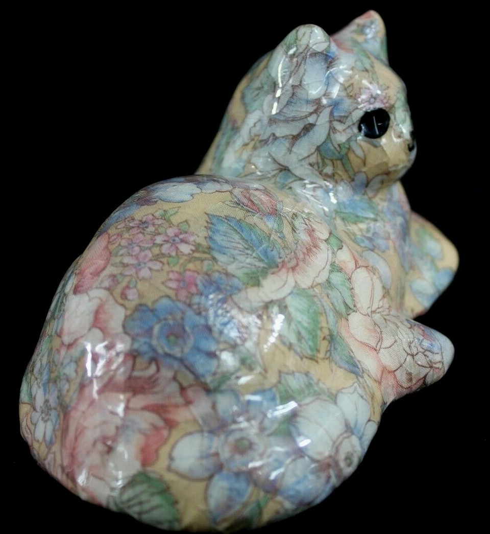 Vintage Floral Decoupage Patchwork Porcelain Cat Figurine by Joan Baker Designs