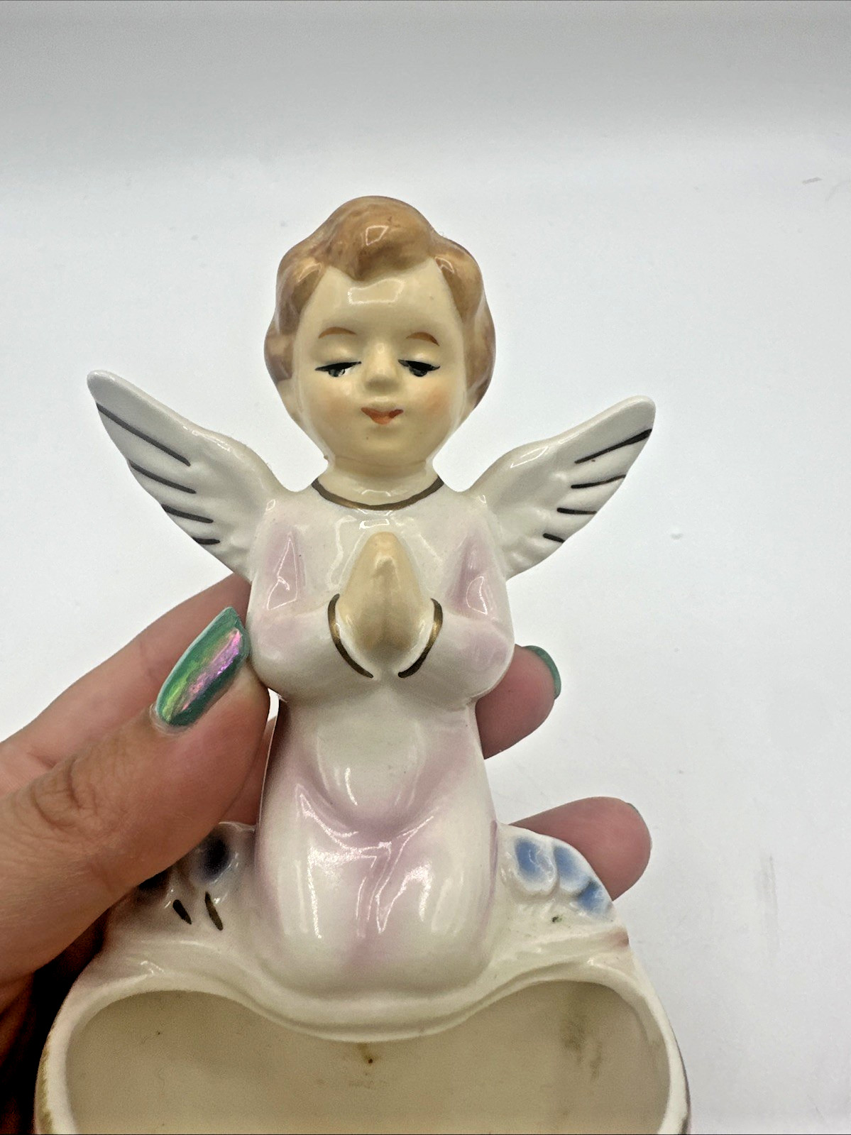 Vintage Sanmyro Japan Angel Holy Water Font Wall Mount Ceramic Pink Religious