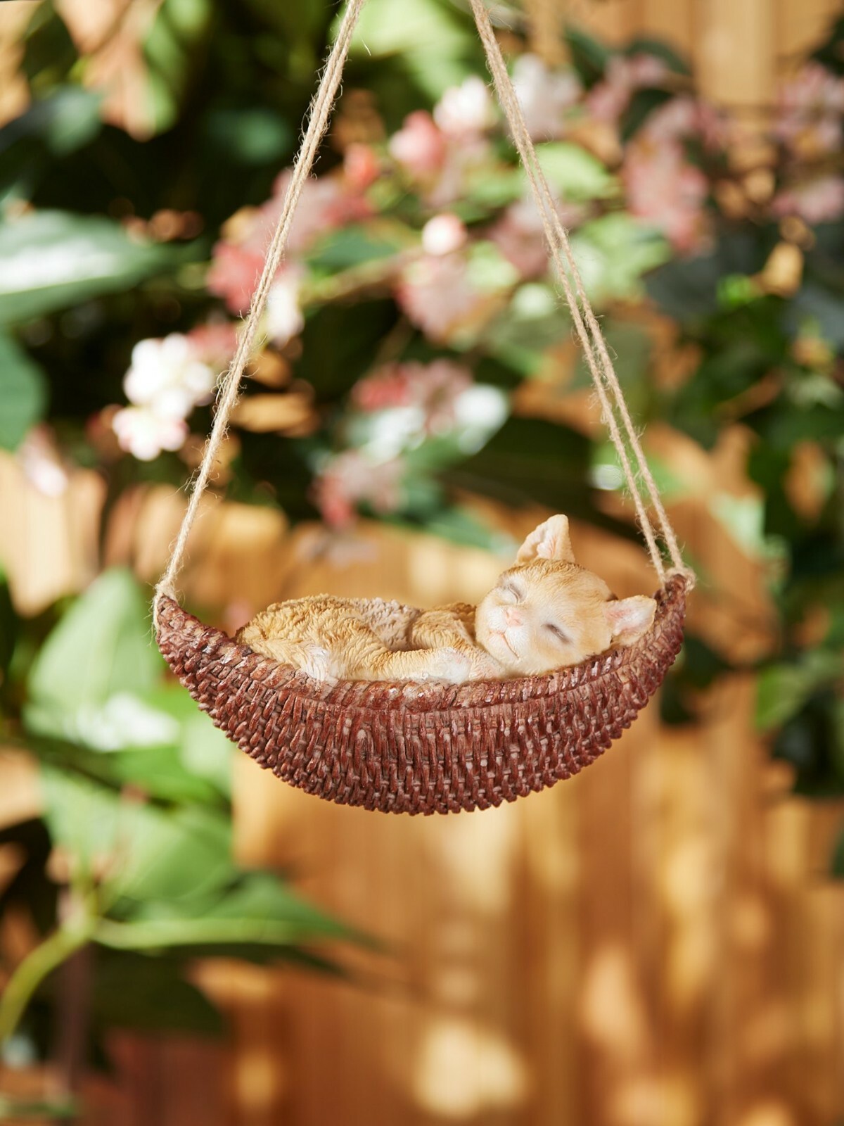Brown Polyresin Whimsy Napping Cat On Hammock Figurine Indoor Outdoor Decor